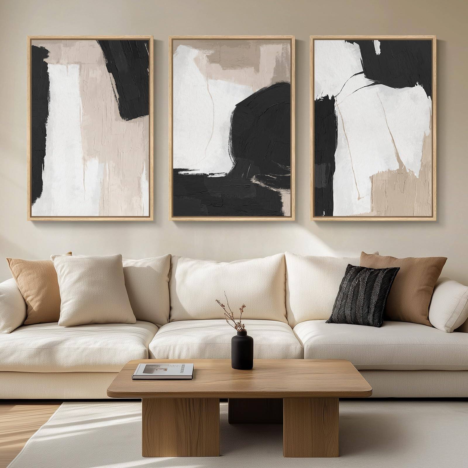 Front. Fabibe - Framed Neutral Abstract Wall Art, 3 Piece Earth Tones Rustic Canvas Prints Paintings Artwork for Walls, Minimalist Abstr - Contrastive 24" W x 36" H x 3Pcs.