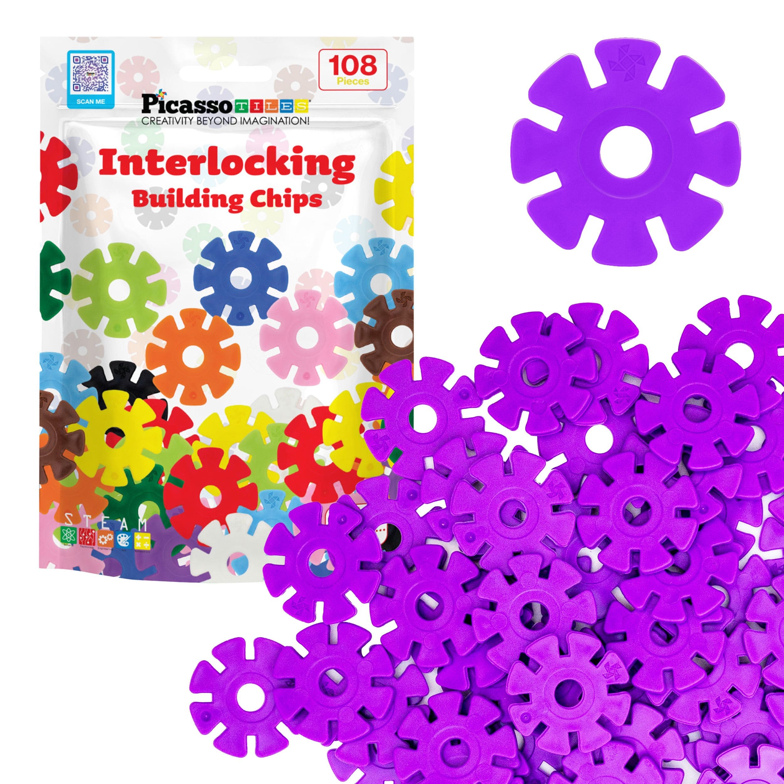 PicassoTiles - 108 PC Purple Interlocking Plastic Disc, Building Chip Blocks Toy Set for Toddlers 3+