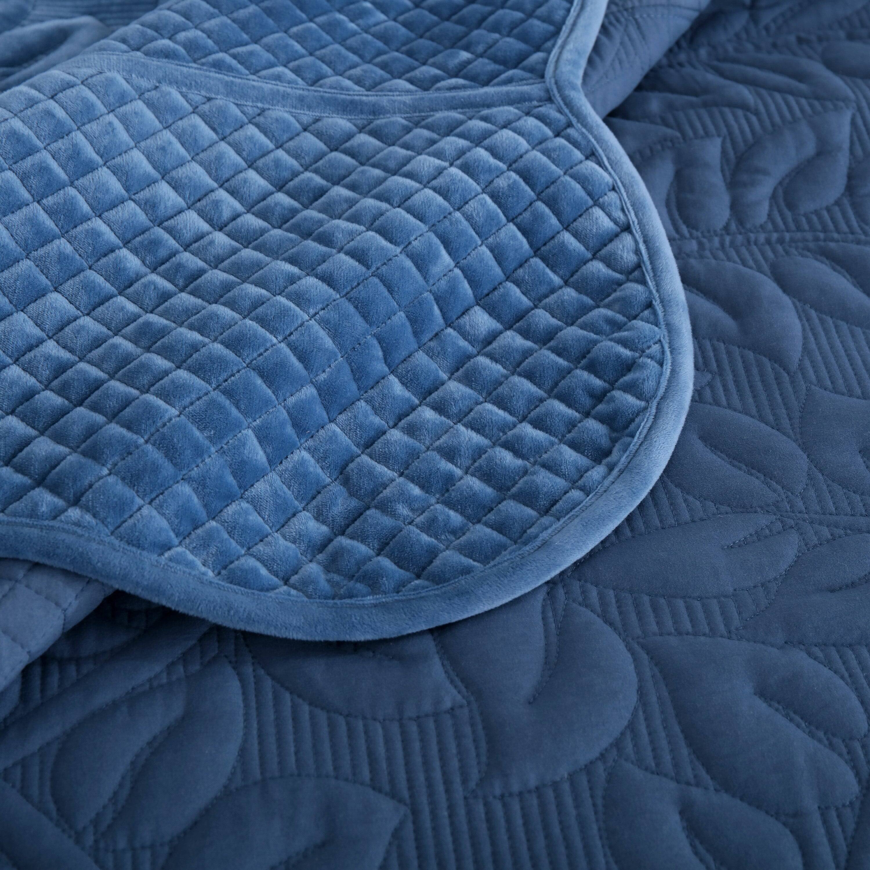 Left. MarCielo - Marcielo 3Pc Luxury Velvet Oversized Embroidery Soft and Plush Quilt Set - Midtone Blue.