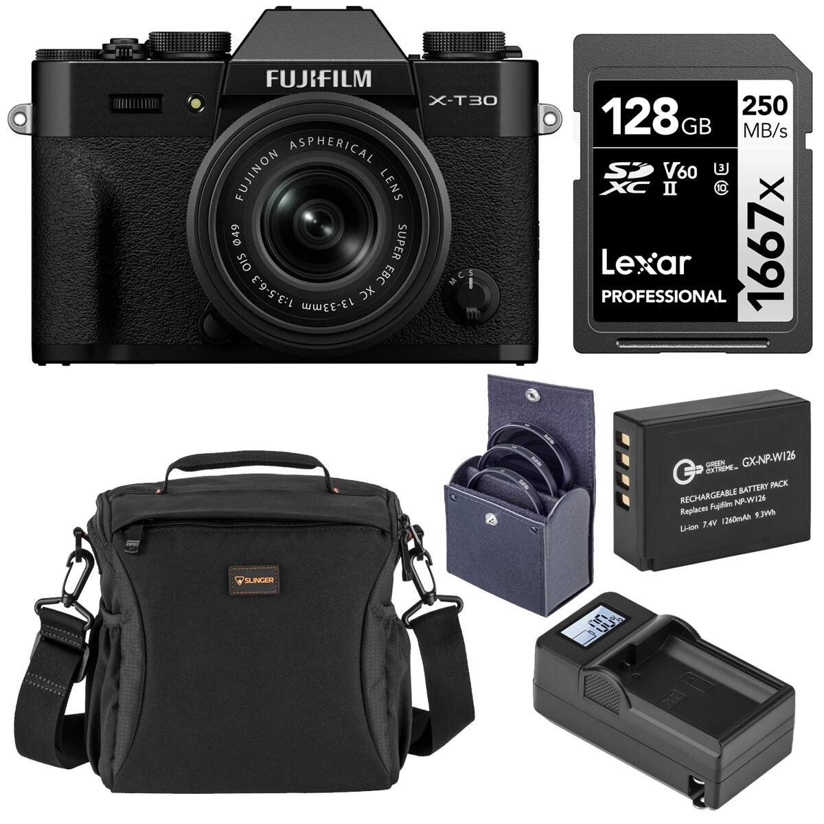 FUJIFILM X-T30 ASPHERICAL FUJINON LENS 49 SUPER OIS EBC MC3 1:3.5-6.3 13-33mm XC m 250 128 GB MB/s SP V60 E XC II 1 Lexar PROFESSIONAL 1667x ONEEN GX-NP-W126 EXTREME. BATTERY PACK RECHARGEABLE NP-W124 Replaces Pujllien 1260mAh WWLR Ui-en 7.44 SLINGER