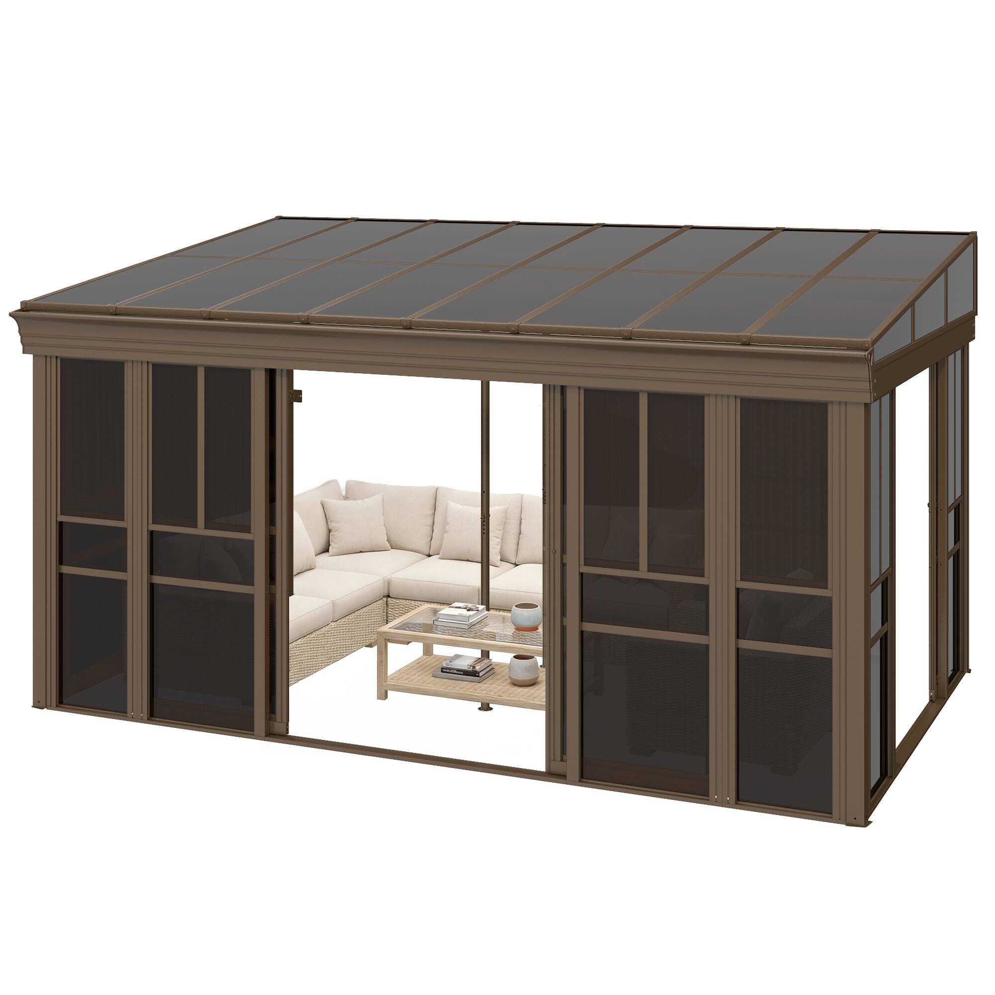 Alt View 6. U-HOMY - Brown Wall-Mounted Solarium Sunroom Kit with Sliding Doors and Adjustable Polycarbonate Windows - 10'x16'.
