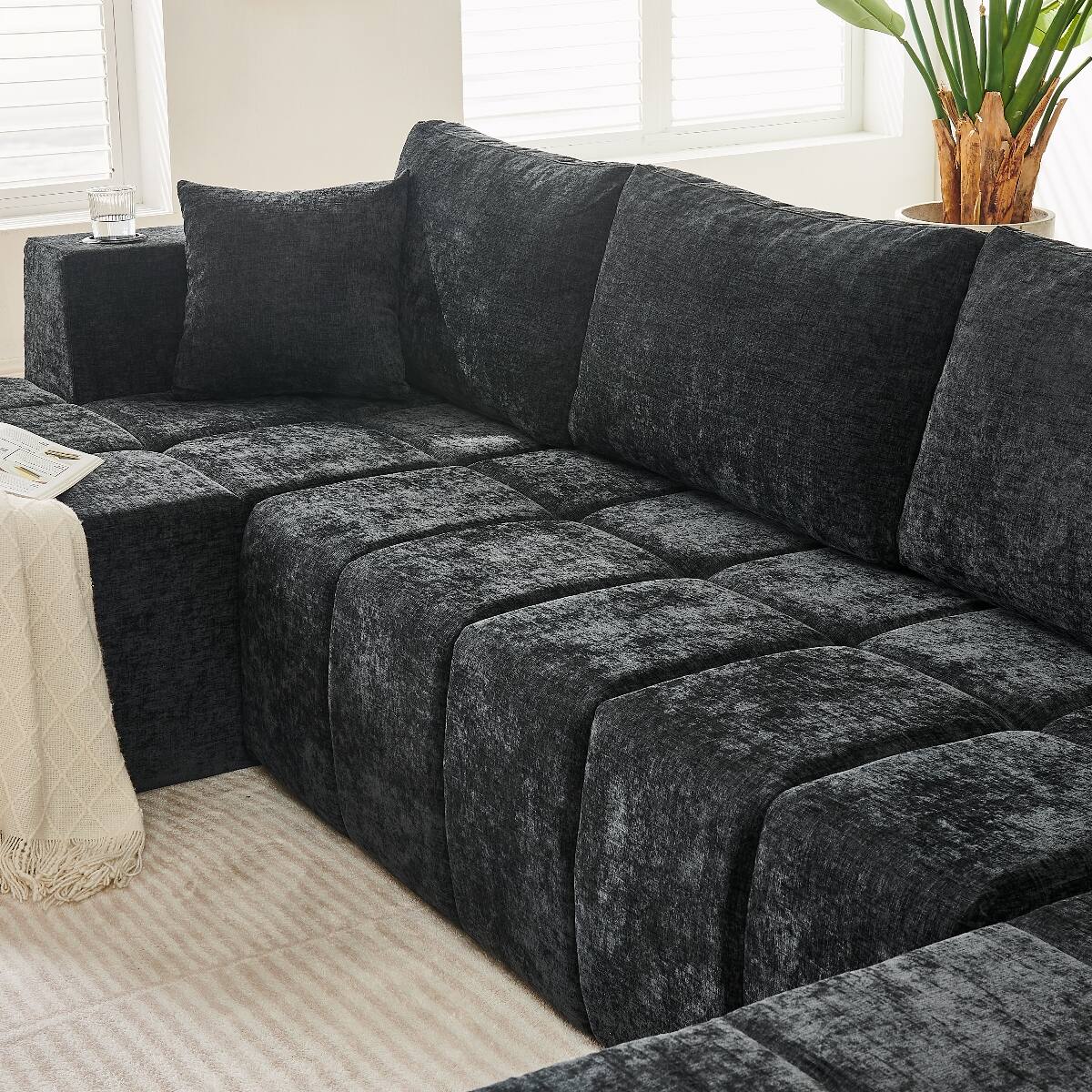 Alt View 2. Ropilly - Ropilly U Shaped Chenille Sectional Sofa, Cloud Style Upholstered Couch, Black Modular Sectional Couch - Black.