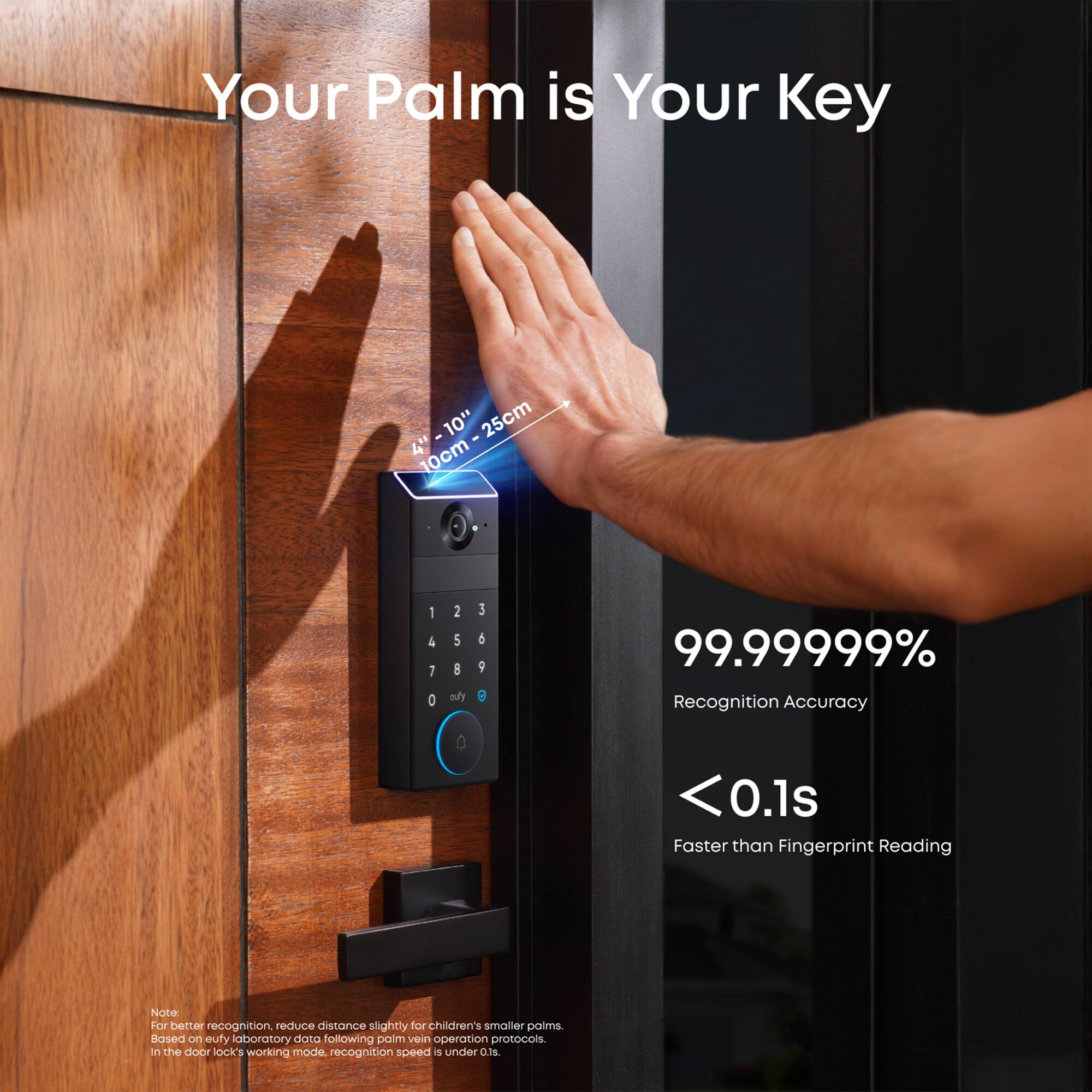 Your Palm is Your Key - 10" - 25cm 4" 10cm 1 4 7 0 2 5 a outy 3 5 9 e 99.99999% Recognition Accuracy 0 <O.1s Faster than Fingerprint Reading Note For better recognition, reduce distance slightly for children's smaller paims. Based on euty laboratory data following paim vein operation protocols. in the doer look's working mode. recognition speed under OUs.