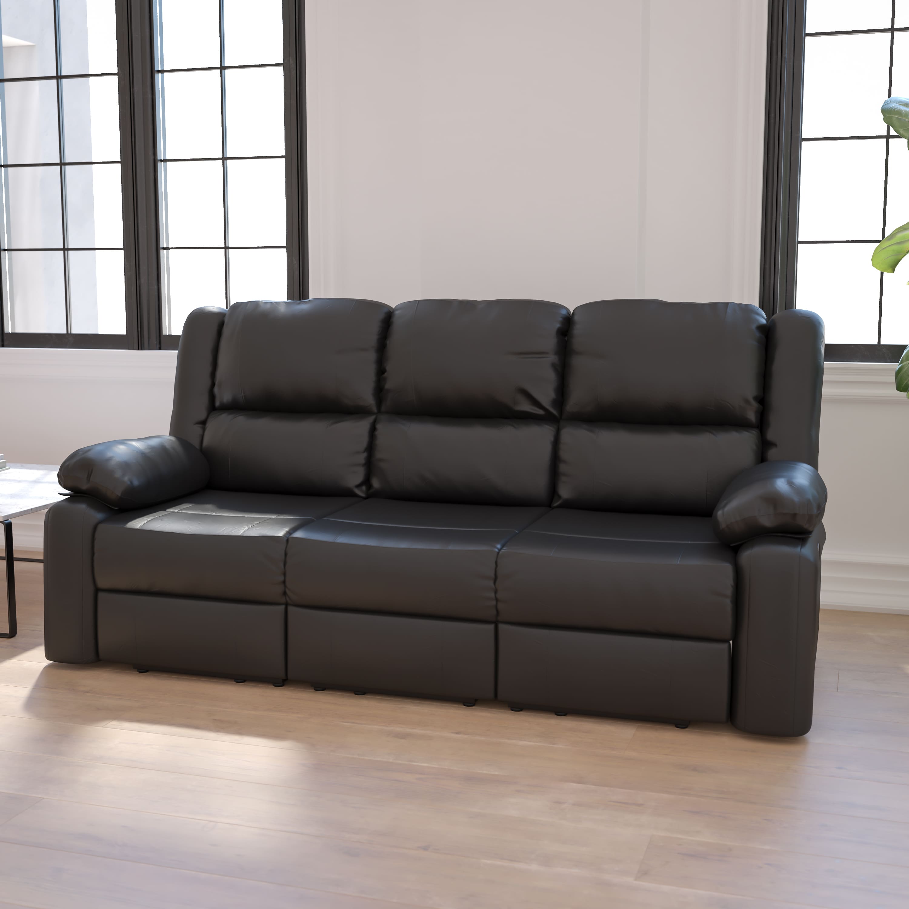 Emma + Oliver - Bustle Back LeatherSoft Sofa with Two Built-In Recliners - Black LeatherSoft