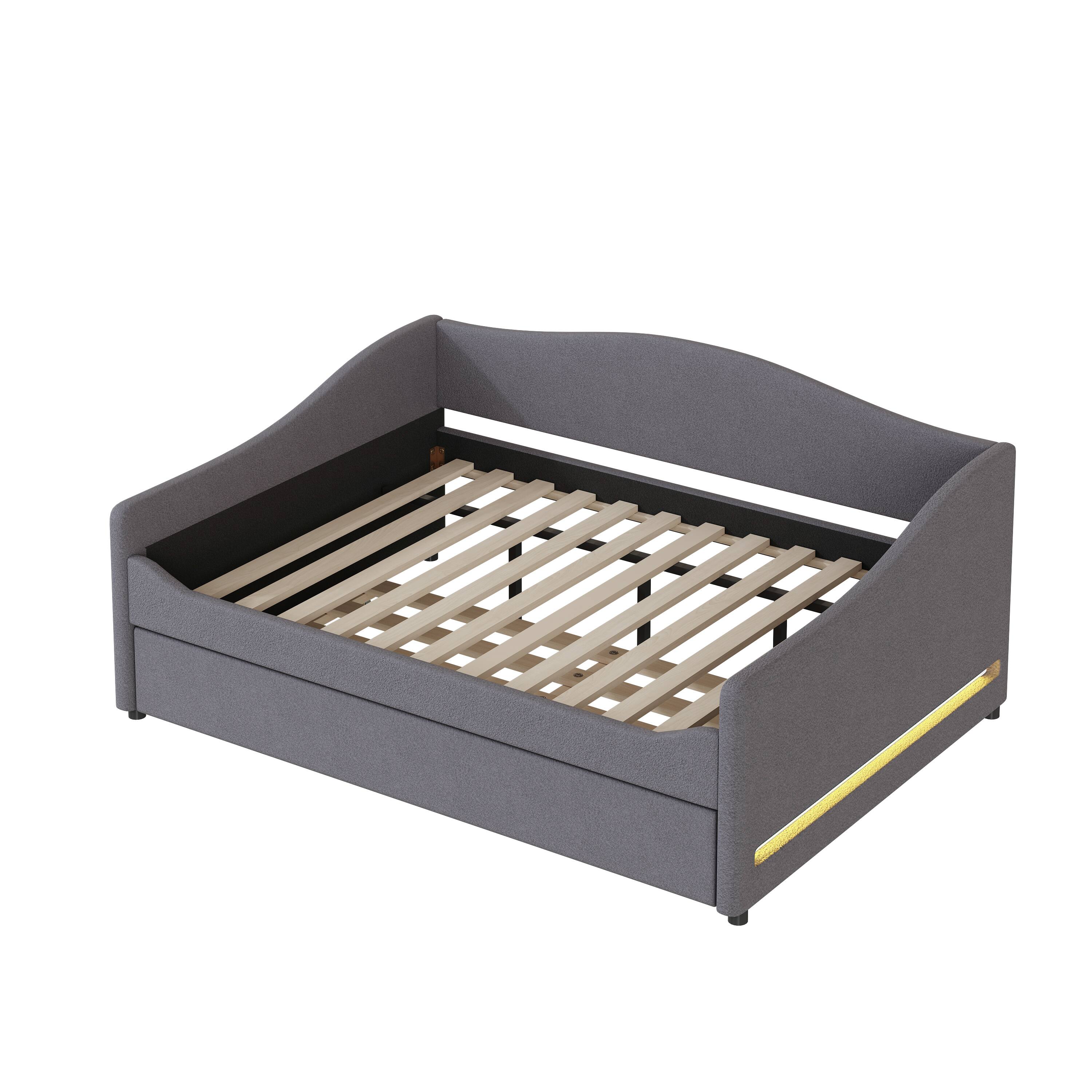 Back. Tiramisubest - Teddy Fleece Full Size Upholstered Daybed with Light and Trundle, Gray - Gray.