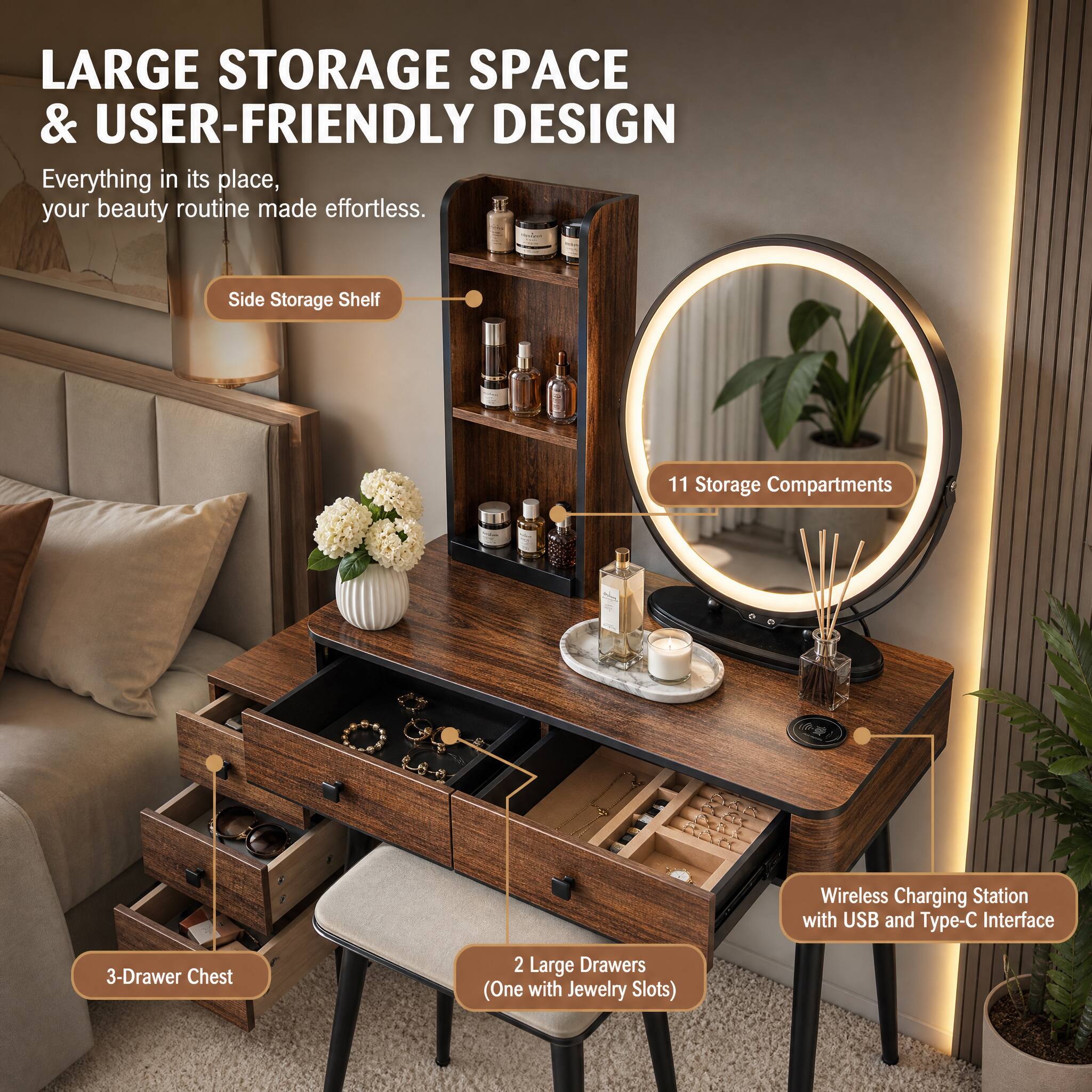WELLFOR Vanity Table Set with 3 Color LED Mirror & Charging Station
