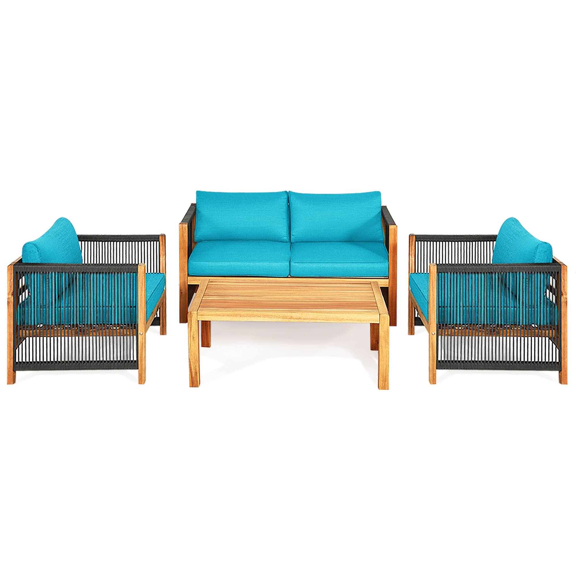 Alt View 3. Gymax - Gymax 4PCS Acacia Wood Outdoor Patio Furniture Conversation Set W/ Turquoise Cushions - turquoise.