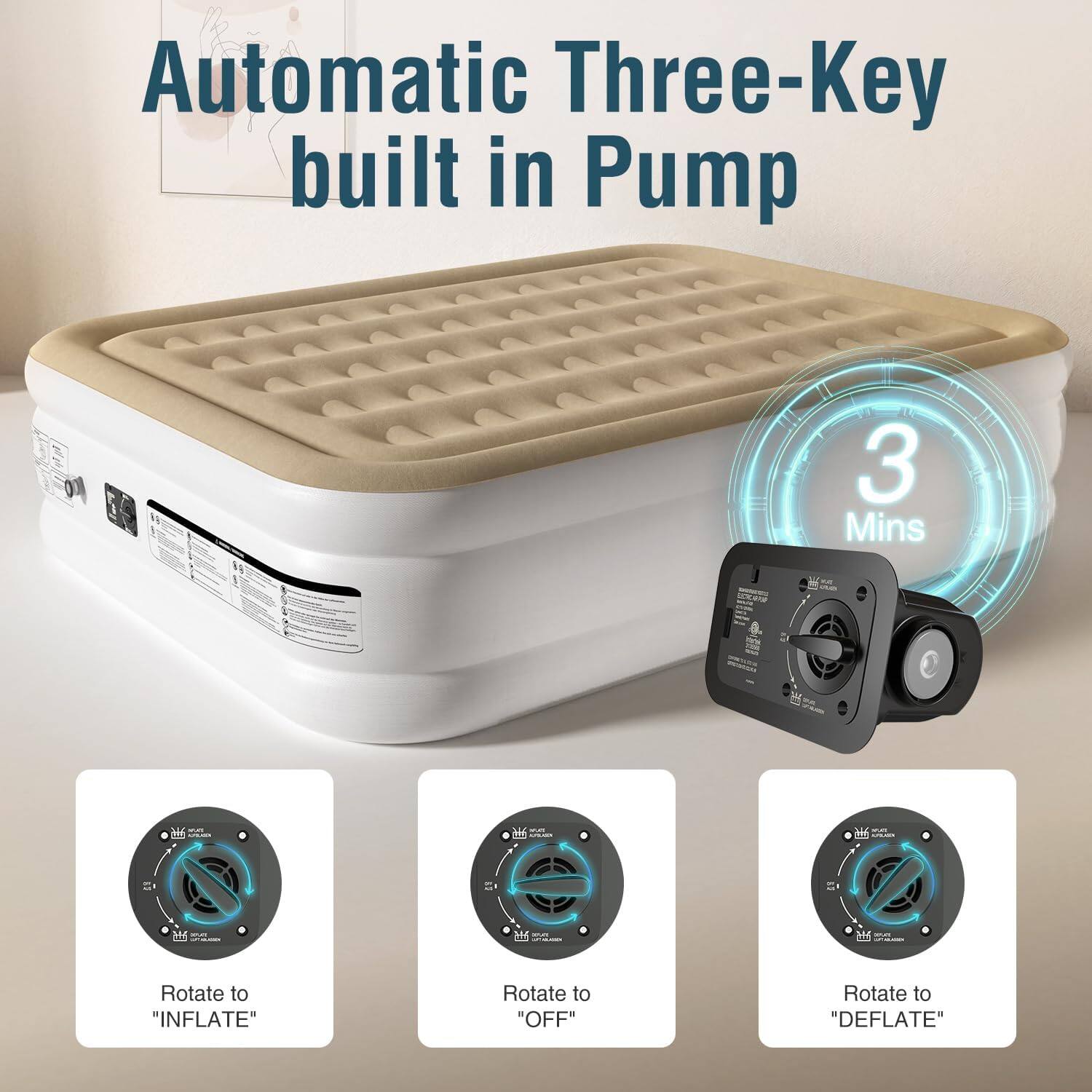 Automatic Three-Key built in Pump

3 Mins

Rotate to "INFLATE"

Rotate to "OFF"

Rotate to "DEFLATE"
