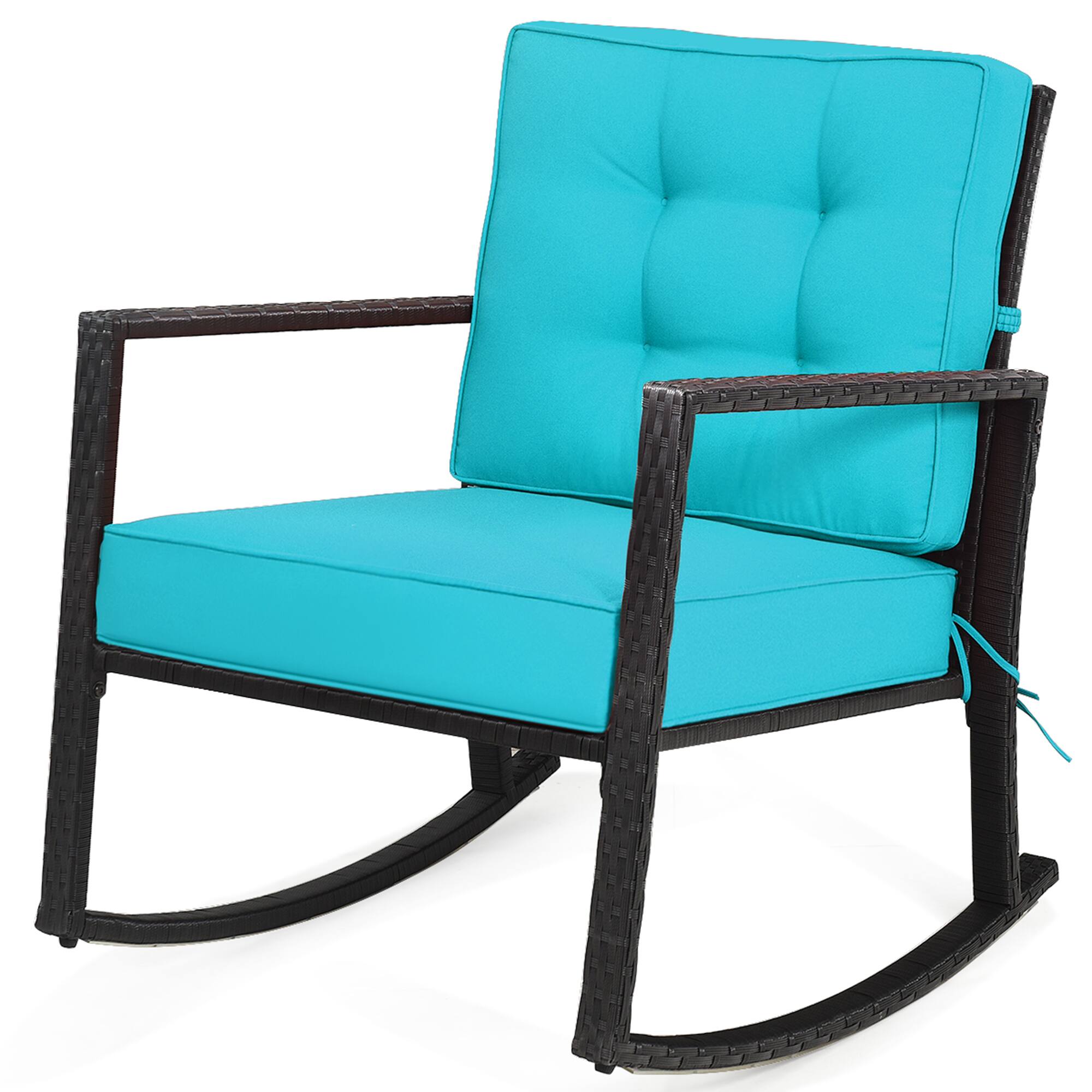 Alt View 5. Gymax - Gymax Outdoor Wicker Rocking Chair Patio Lawn Rattan Single Chair Glider w/ Turquoise Cushion - black + turquoise.