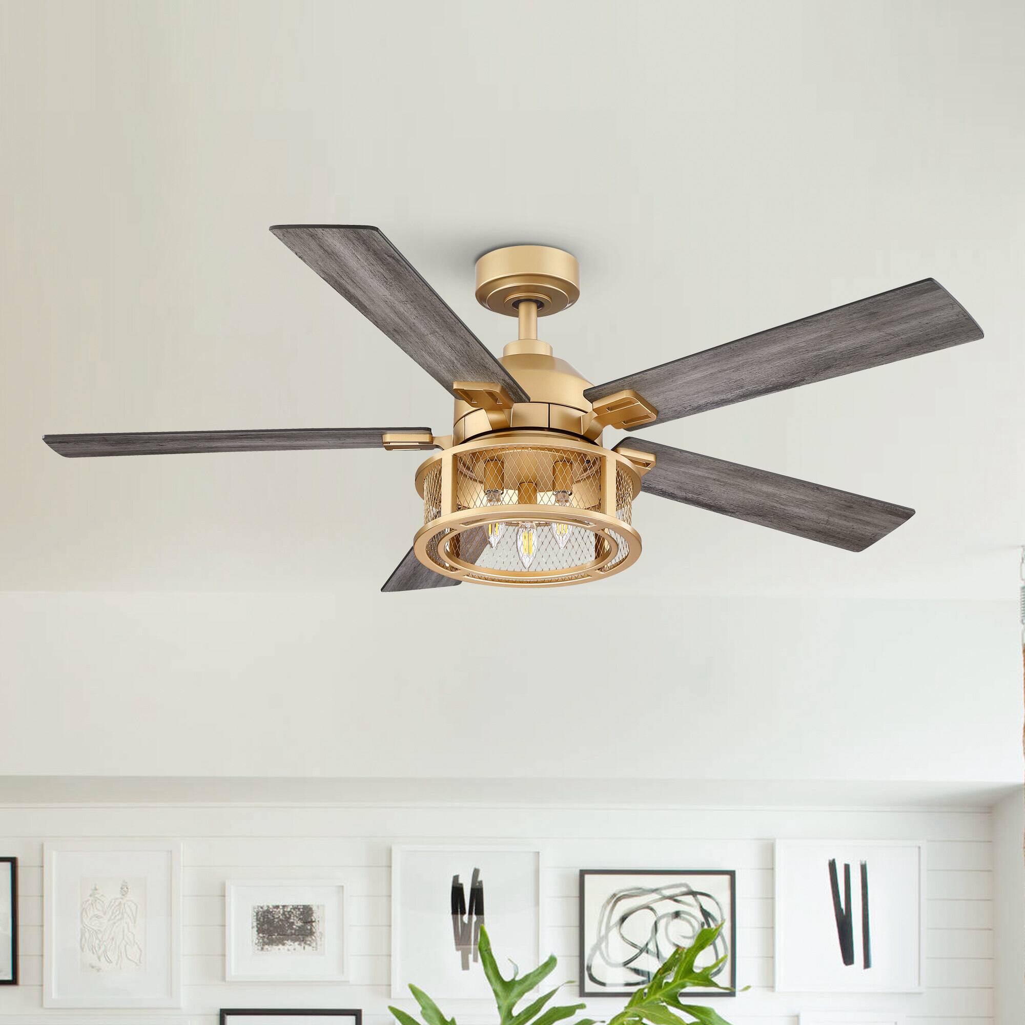 Back. Parrot Uncle - 52 in. Modern Mesh Metal Reversible Blades Gold Ceiling Fan with Light and Remote - Gold.