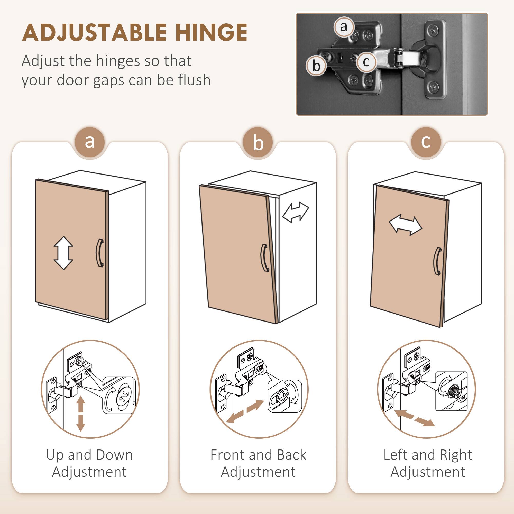 ADJUSTABLE HINGE

Adjust the hinges so that your door gaps can be flush

a. Up and Down Adjustment

b. Front and Back Adjustment

c. Left and Right Adjustment