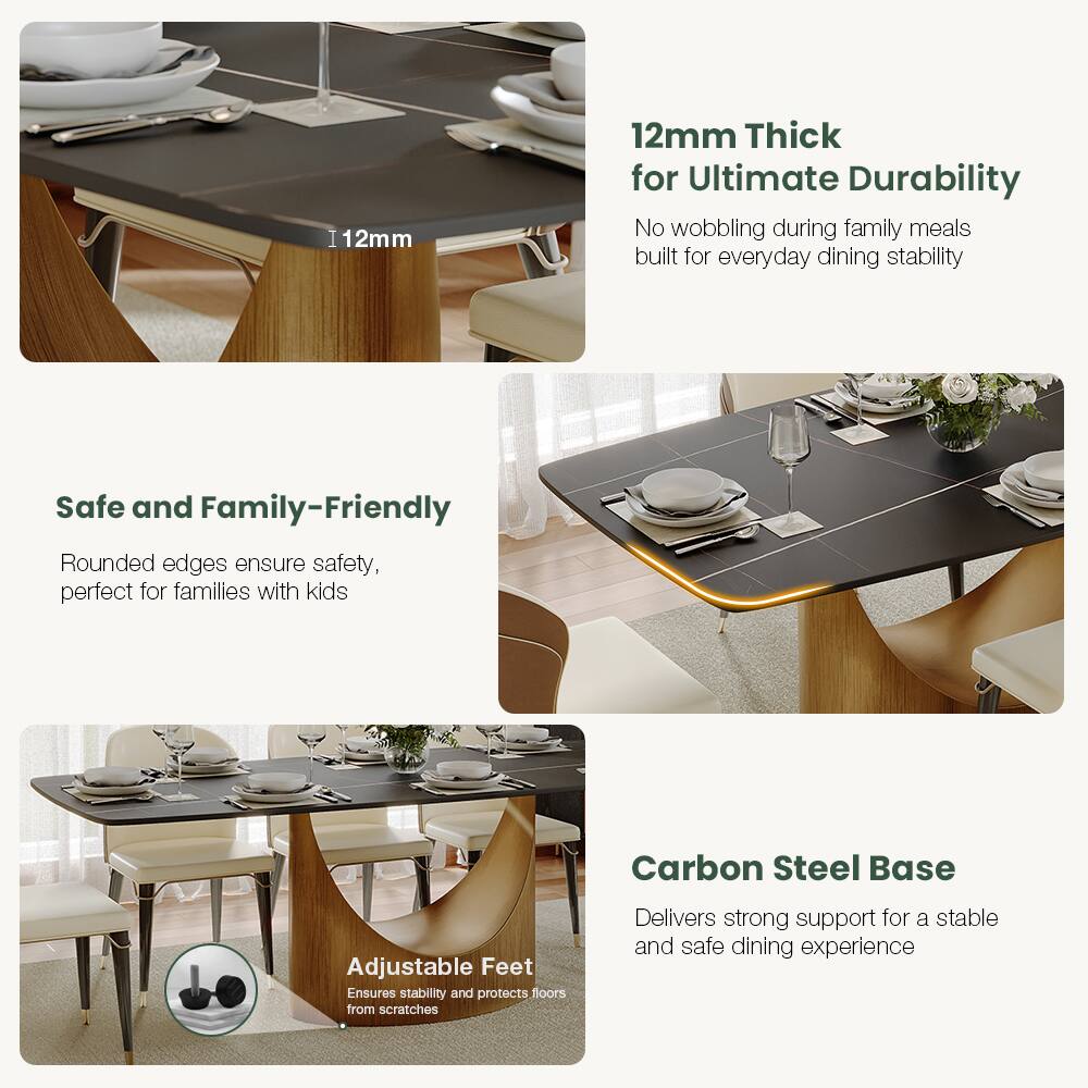 12mm Thick for Ultimate Durability  
No wobbling during family meals built for everyday dining stability  

Safe and Family-Friendly  
Rounded edges ensure safety, perfect for families with kids  

Carbon Steel Base  
Delivers strong support for a stable and safe dining experience  

Adjustable Feet  
Ensures stability and protects floors from scratches