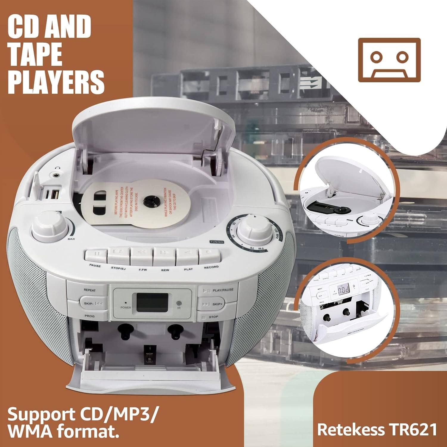 CD AND TAPE PLAYERS

Support CD/MP3/ WMA format.

Retekeess TR621