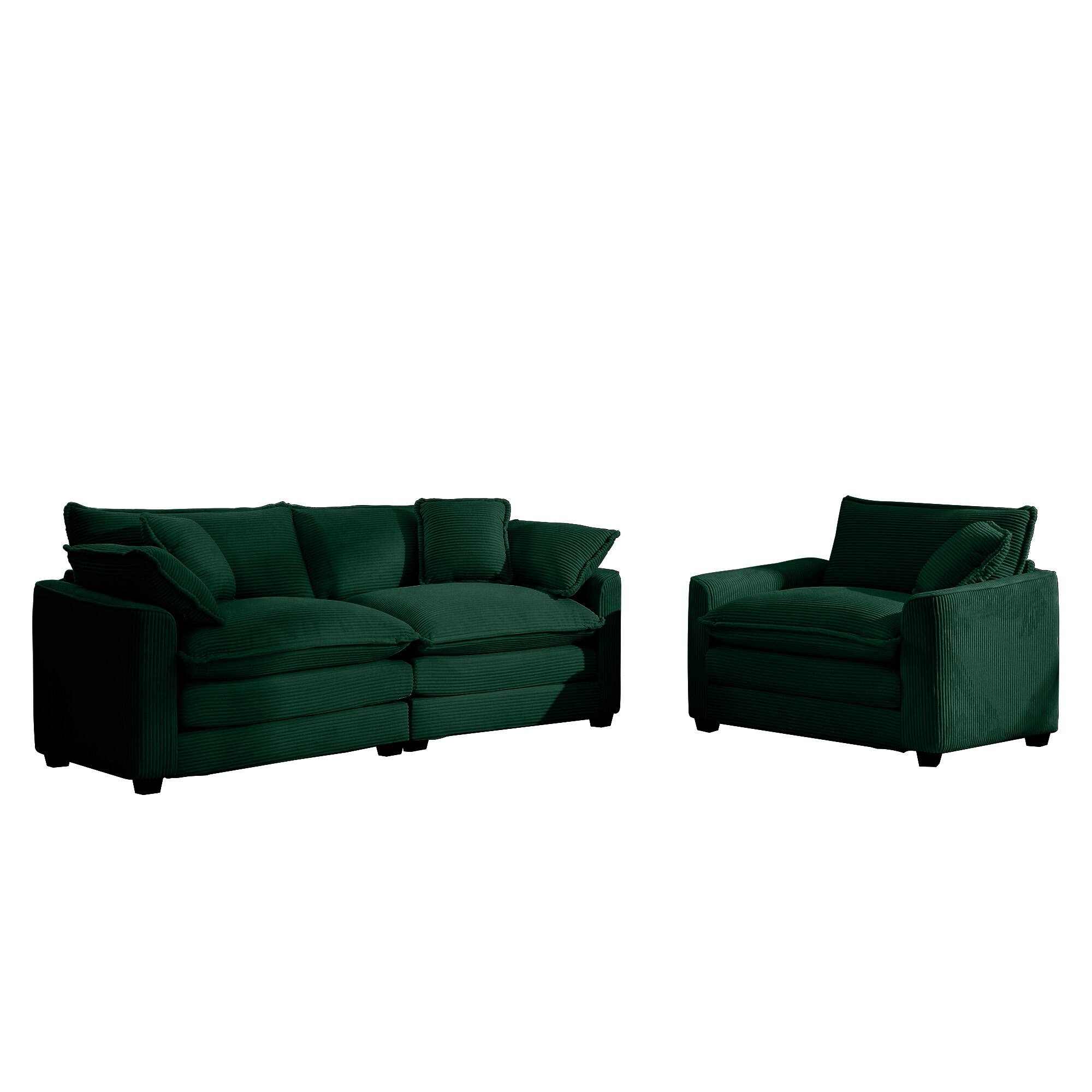 Back. LOVMOR - 3 Seater Easy Assembly Memory Foam Corduroy Sofa Set For Living Room Bedroom Club Soft Textured Lounge Home TV - Green.