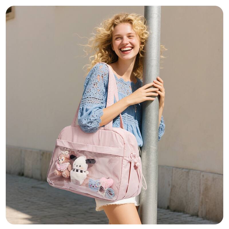 Left. Bagsmart - Puffy Water-Resistant Gym & Travel Duffle Bag Ita Bag with Transparent Display Pocket, Lightweight Daily Shoulder Tote - Pink.
