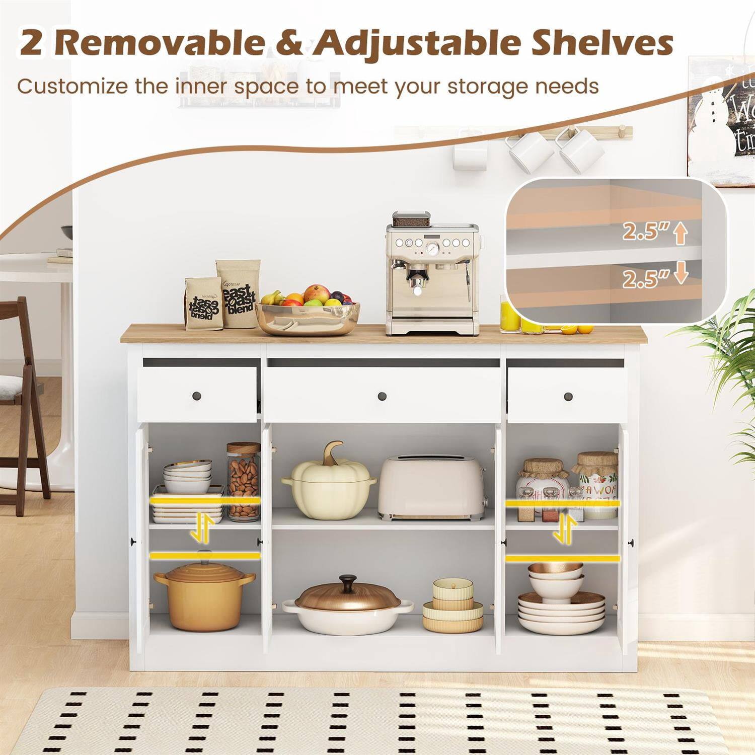 2 Removable & Adjustable Shelves  
Customize the inner space to meet your storage needs  

2.5"  
2.5"