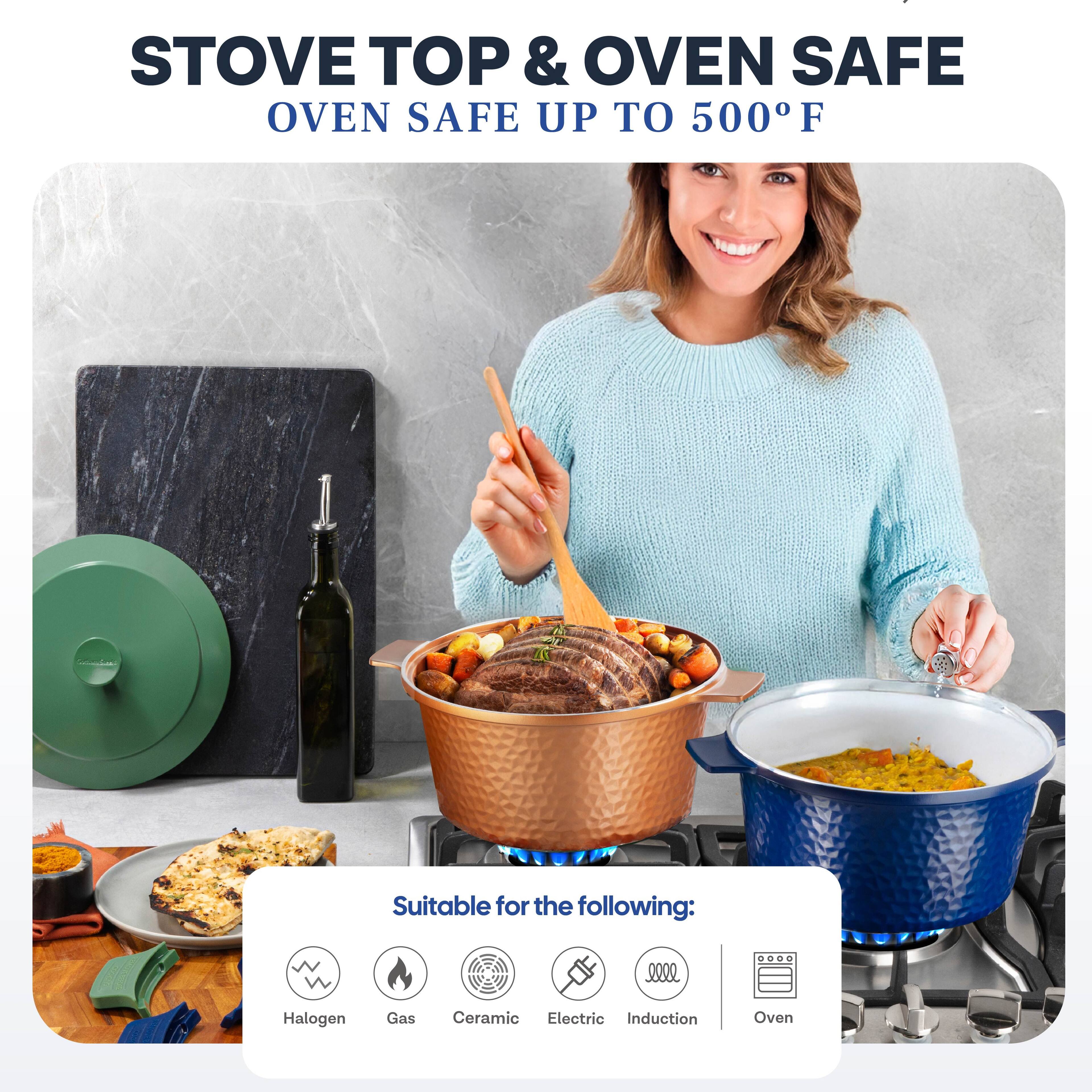 STOVE TOP & OVEN SAFE  
OVEN SAFE UP TO 500°F  

Suitable for the following:  
Halogen  
Gas  
Ceramic  
Electric  
Induction  
Oven