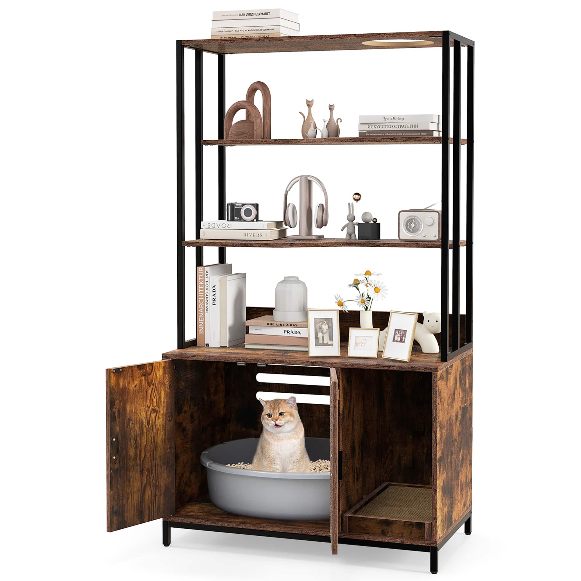 Gymax - 61'' Cat Litter Box Enclosure w/ Storage 3-tier Shelves Side Entrance Rustic Brown & Black - Rustic Brown, Black price history on PriceWatchPro