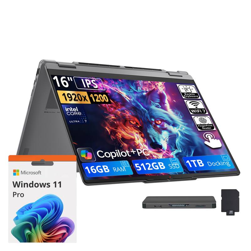16" IPS 1920x1200 Intel Core Ultra 7  
Backlit Keyboard WiFi 7  
Fingerprint Reader  
Microsoft Windows 11 Pro  
Copilot+PC  
16GB RAM  
512GB SSD  
1TB Docking