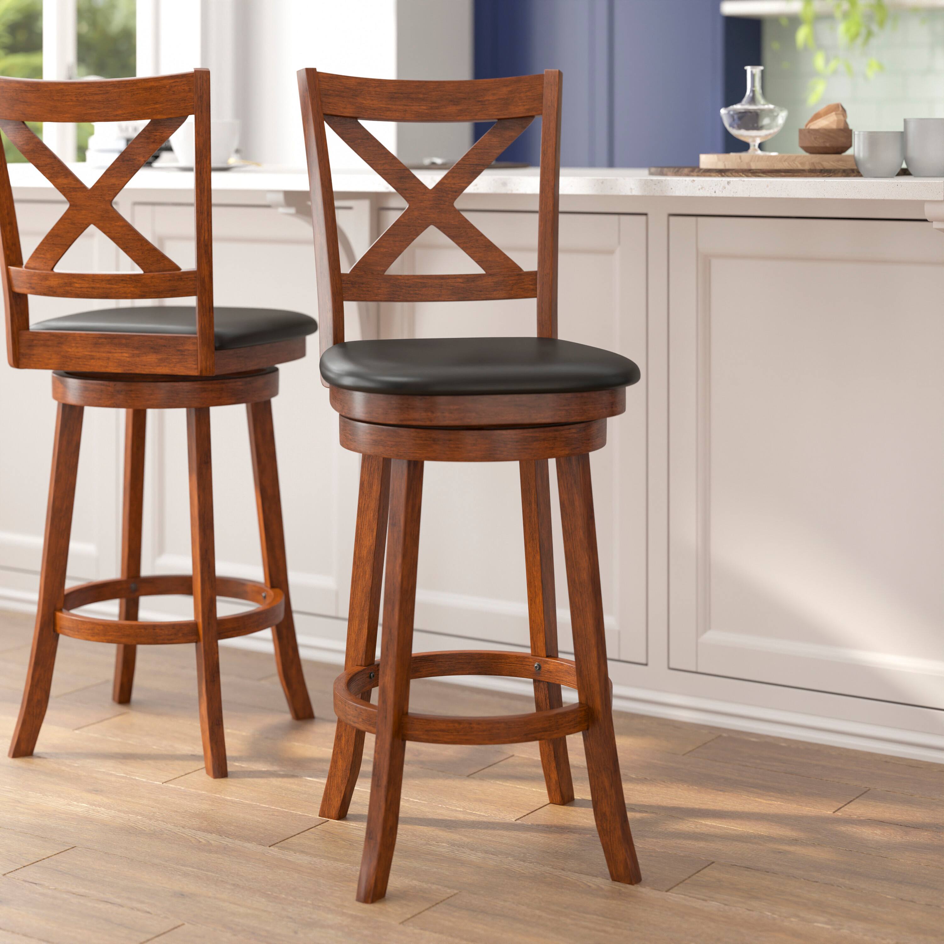 Alt View 1. Flash Furniture - Felicity Commercial Grade Wood Classic Crossback Swivel Bar Height Barstool with Padded Black LeatherSoft Seat, Antique - Brown.