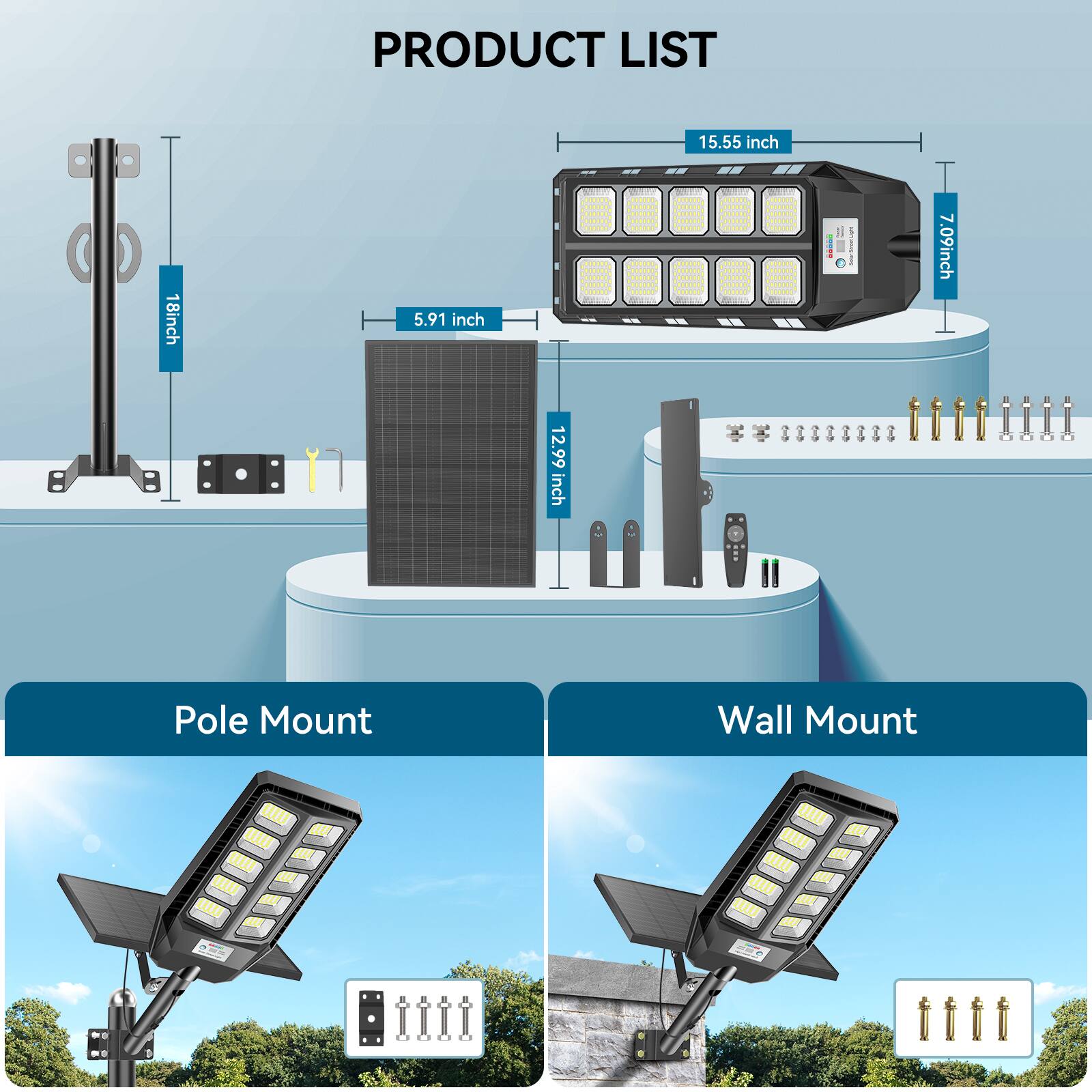 PRODUCT LIST

- 15.55 inch
- 18 inch
- 5.91 inch
- 7.09 inch
- 12.99 inch

Pole Mount
Wall Mount