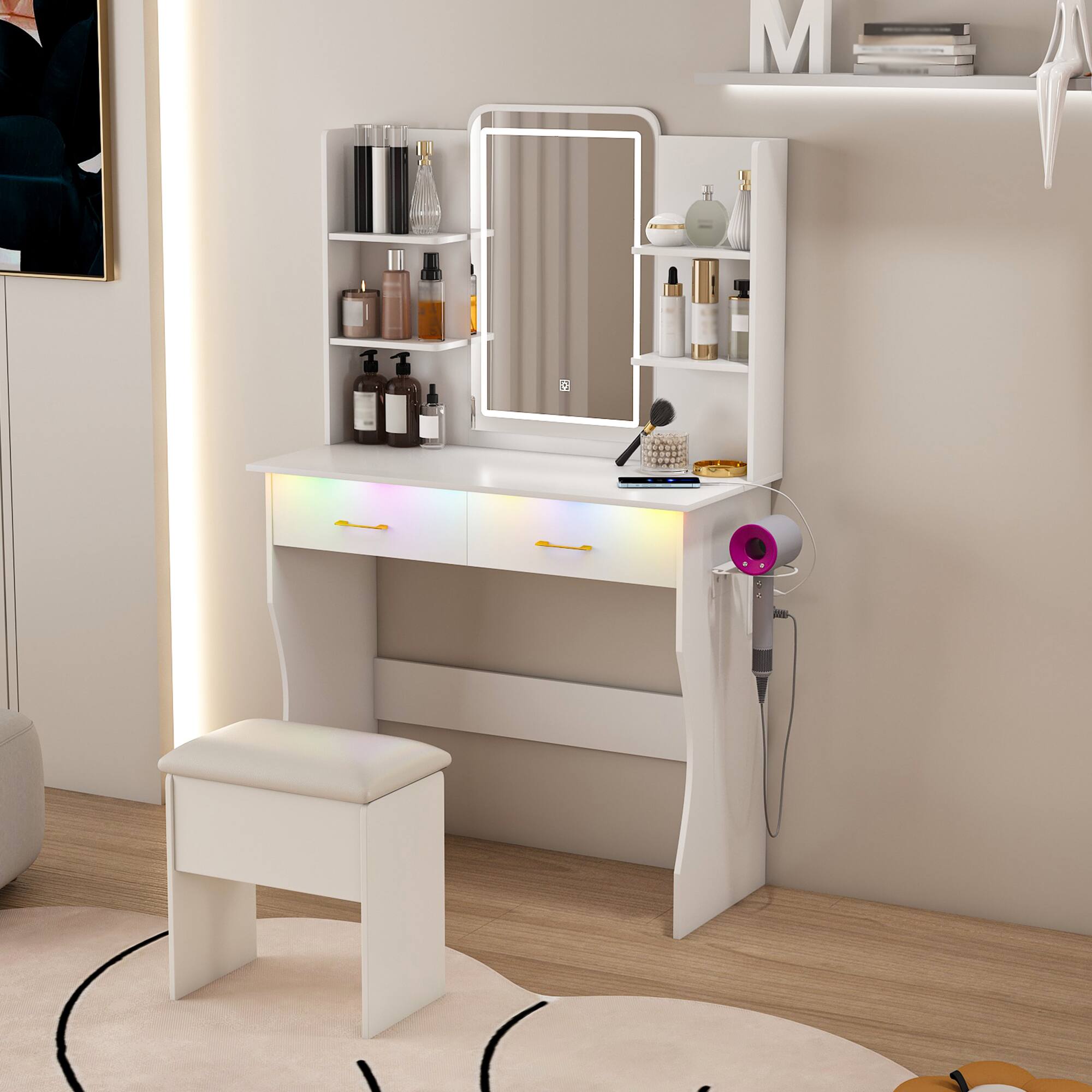 Angle. PexFix - Vanity Set with LED Mirror, RGB Lights, Power Outlet & Storage Drawers, Perfect for Bedroom - White.