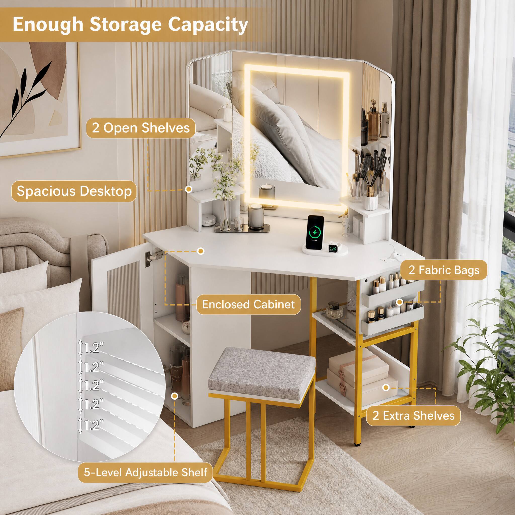 Enough Storage Capacity  
2 Open Shelves  
Spacious Desktop  
2 Fabric Bags  
Enclosed Cabinet  
5-Level Adjustable Shelf  
2 Extra Shelves