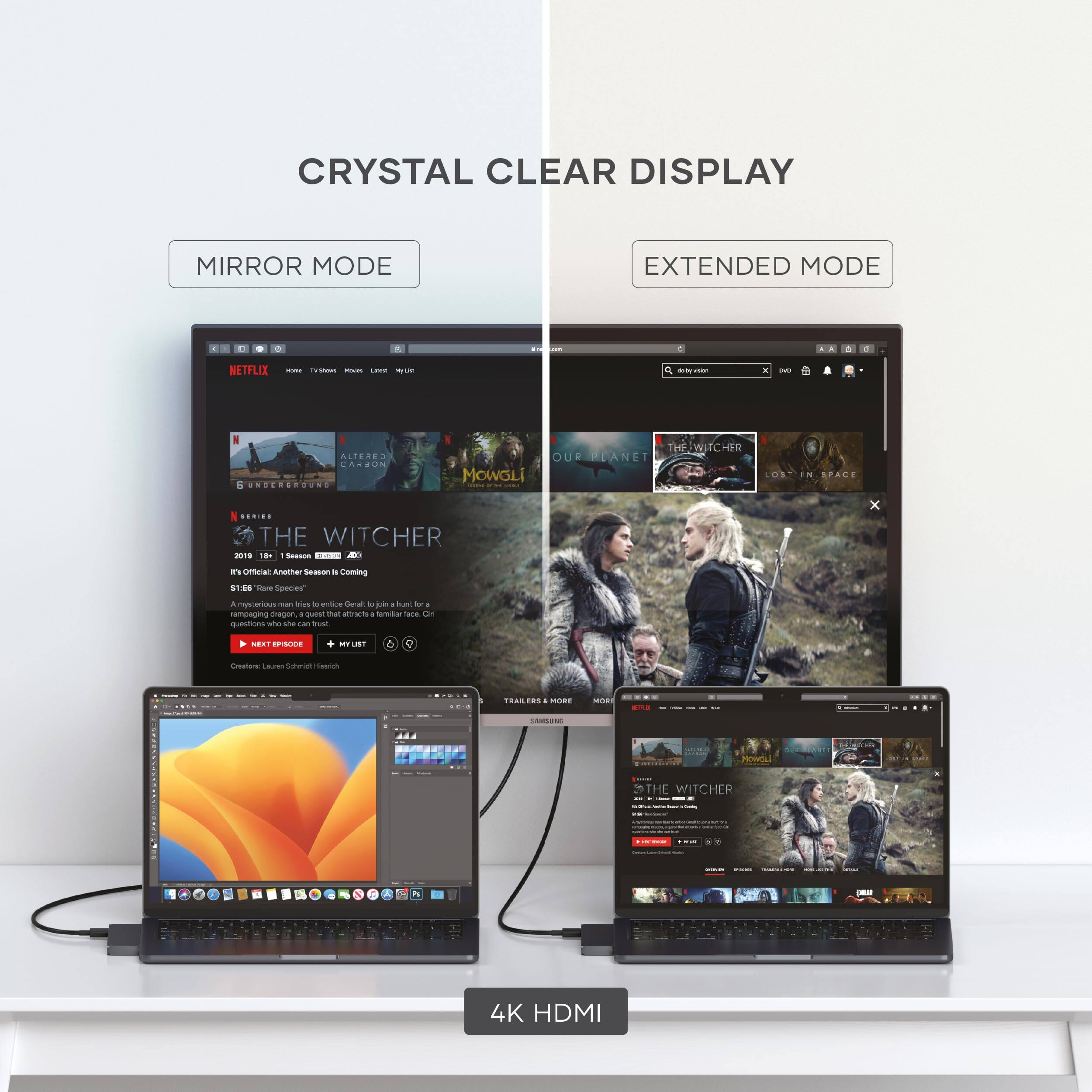 CRYSTAL CLEAR DISPLAY

MIRROR MODE

EXTENDED MODE

- 6 AA
- NETFLIX
- ALTERED CARSON
- MOWGLI
- OUR PLANET
- THE WITCHER
- 1.18 Sccue
- Coming 7E6 sore Samm
- tries
- asa de
- l j
- buad t
- rempaging oepen
- that
- wts
- amkar Tae E estions a the
- mus E.T
- SP
- OT V Crstare i Sauue
- TRAL ERS
- HO MO CER nhta THE WITCHER
- 4 4K HDMI