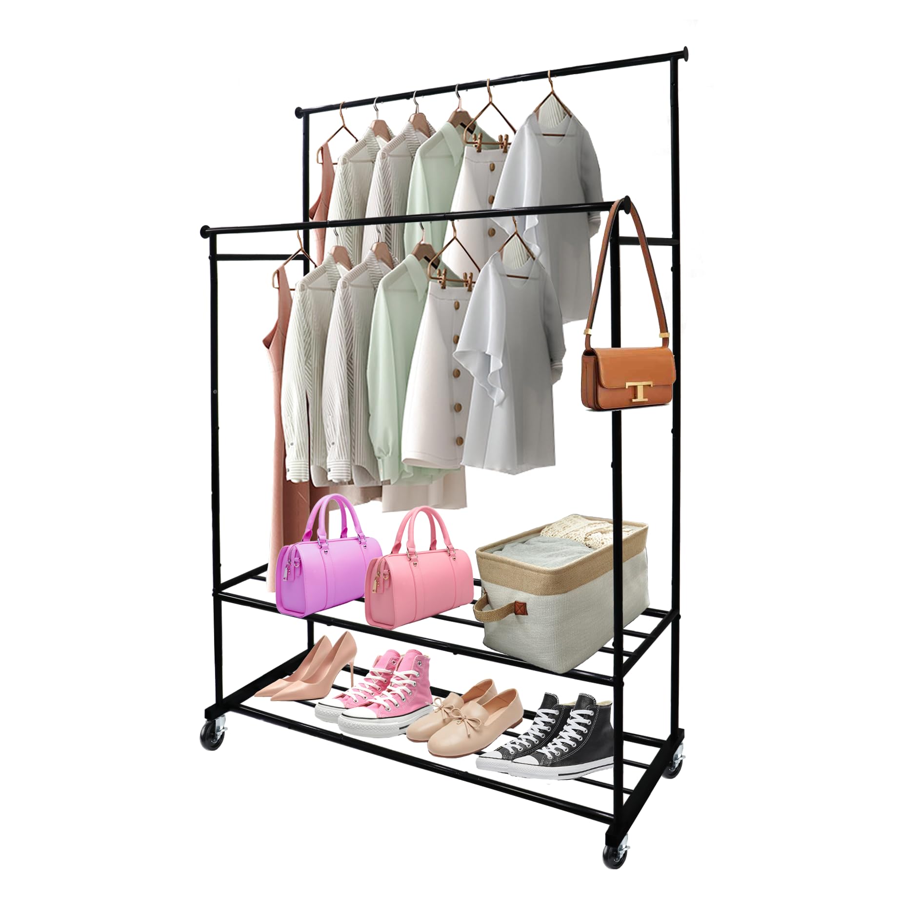 Front. Refined Abode Design - Double Rods Clothes Rack Rolling Clothing With Wheels Portable Wardrobe Mesh Bottom Shelf For Bedroom Livin... - Default.