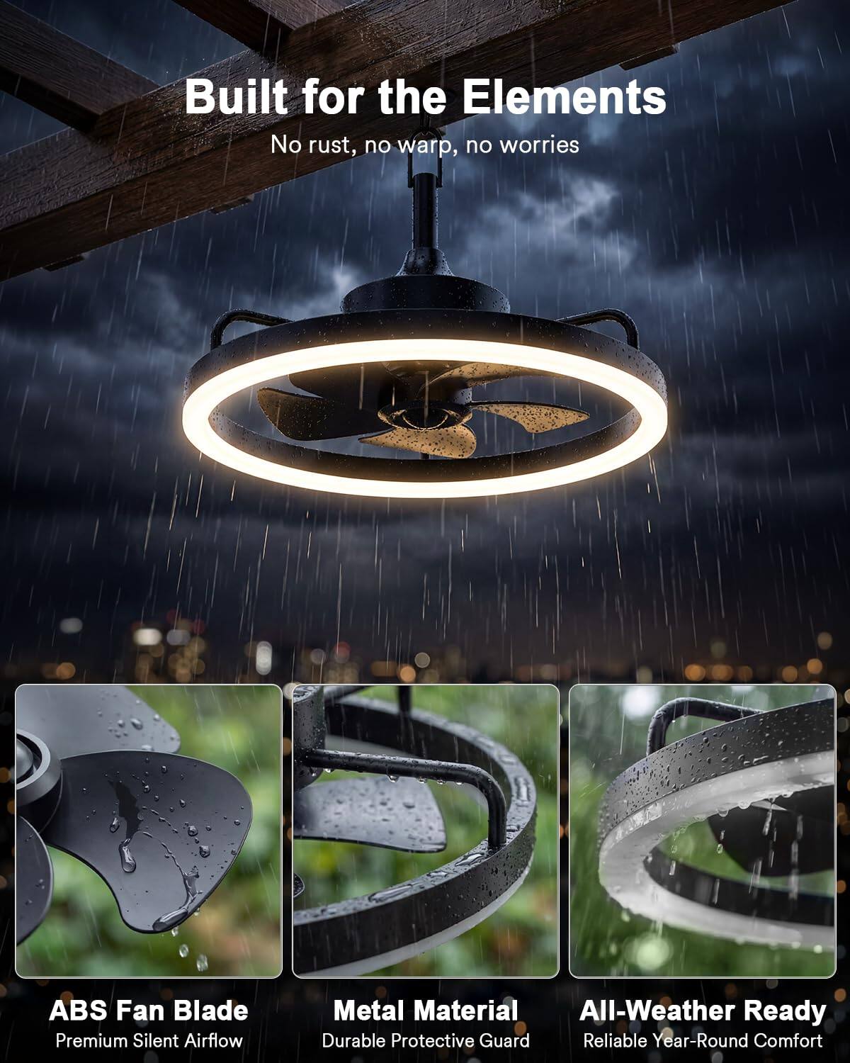 Built for the Elements  
No rust, no warp, no worries  

ABS Fan Blade  
Premium Silent Airflow  

Metal Material  
Durable Protective Guard  

All-Weather Ready  
Reliable Year-Round Comfort