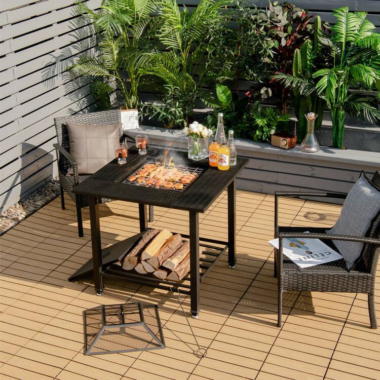 Angle. Mondawe - 31 Inch Outdoor Fire Pit Dining Table with Cooking BBQ Grate - Black.