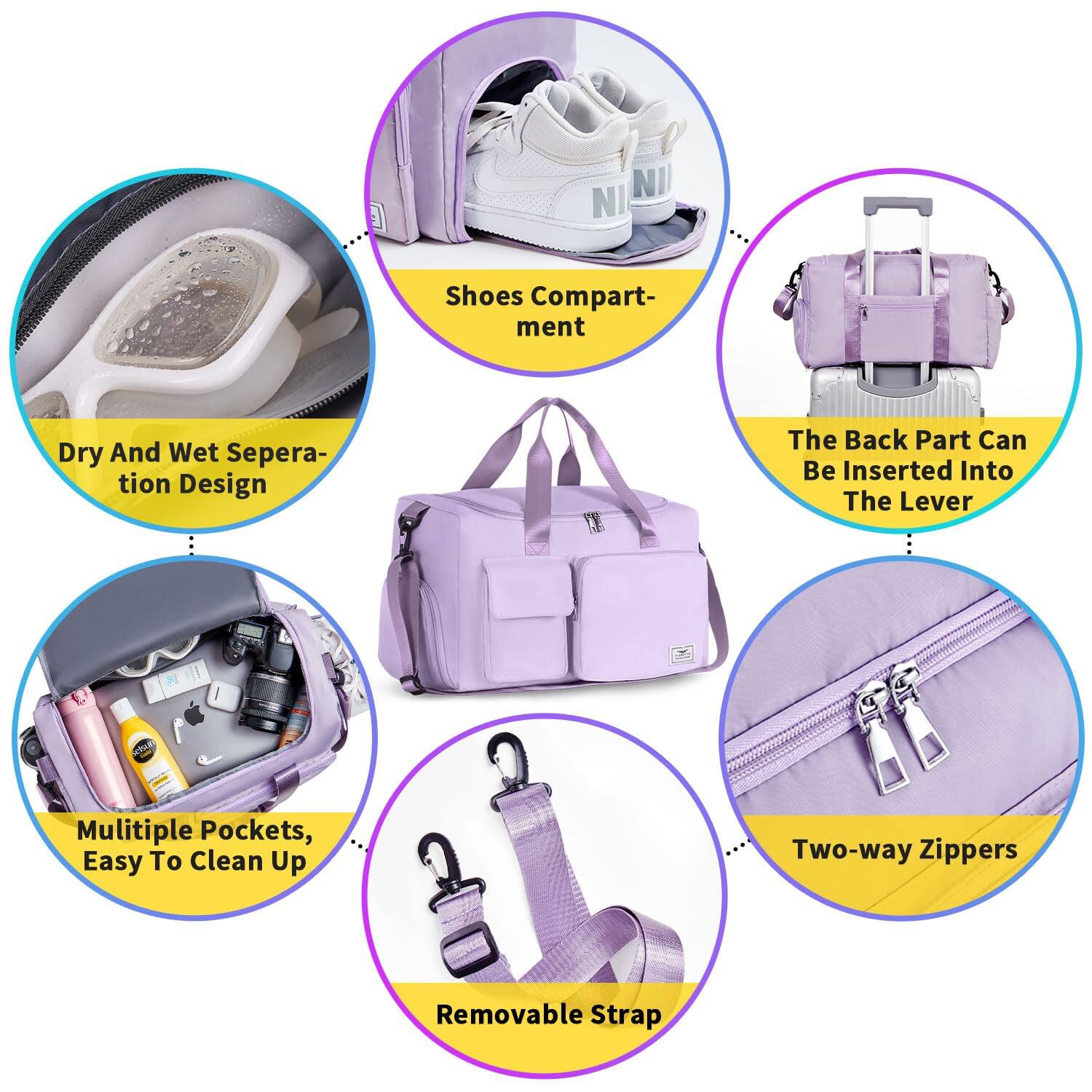 - Dry And Wet Separation Design
- Shoes Compartment
- The Back Part Can Be Inserted Into The Lever
- Multiple Pockets, Easy To Clean Up
- Two-way Zippers
- Removable Strap