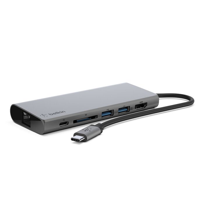 Front. Belkin - 4-Port USB Type-C Hub with Gigabit Ethernet Adapter - Gray.