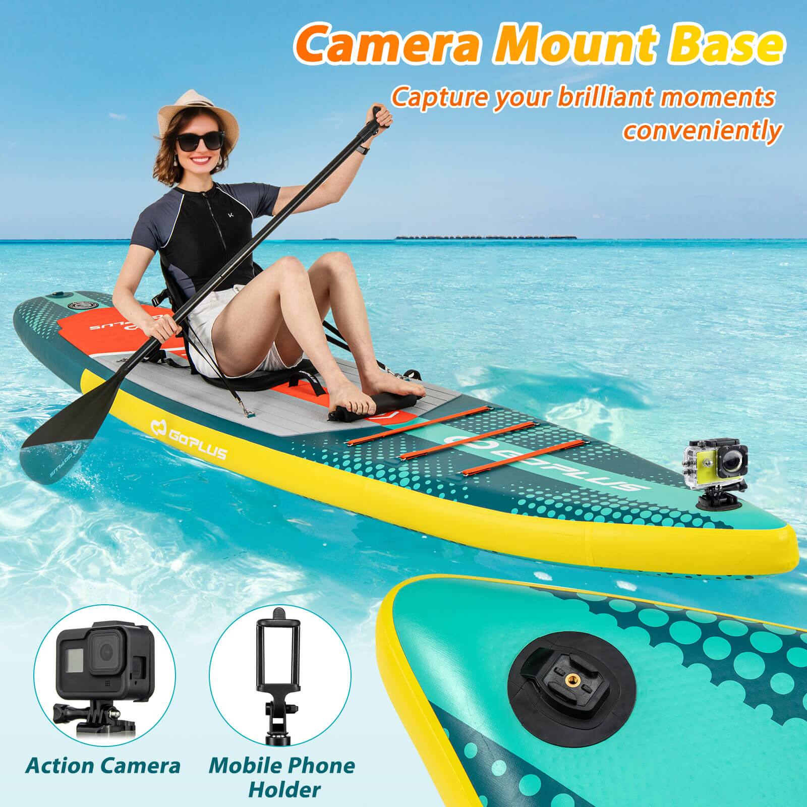 The text on the image is grouped and corrected as follows:

"Capture your brilliant moments conveniently with the Camera Mount Base. The Shi GOPLUS DE PAALU Action Camera Mobile Phone Holder is perfect for capturing your adventures on the water."