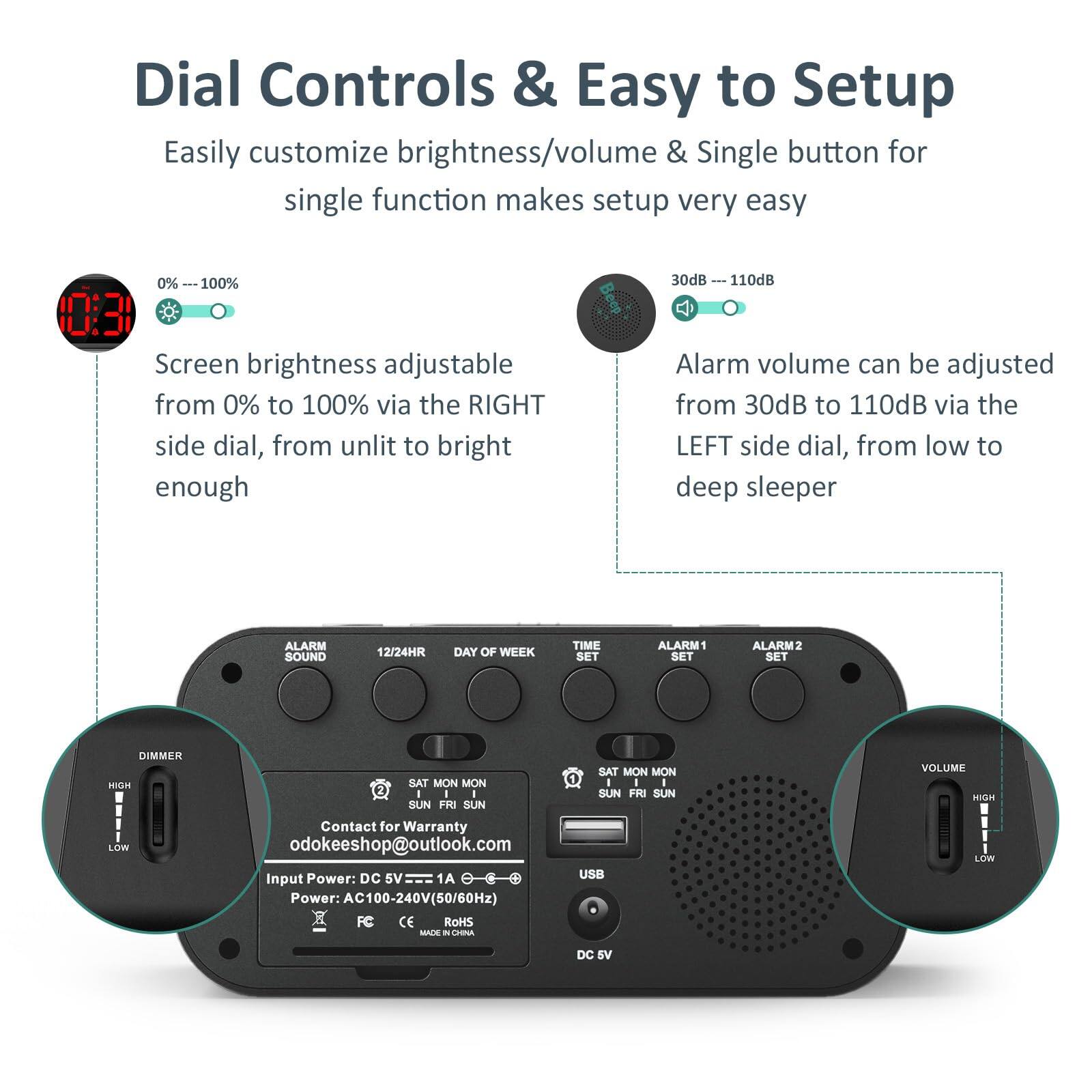 Dial Controls & Easy to Setup

Easily customize brightness/volume & Single button for single function makes setup very easy

Screen brightness adjustable from 0% to 100% via the RIGHT side dial, from unlit to bright enough

Alarm volume can be adjusted from 30dB to 110dB via the LEFT side dial, from low to deep sleeper

ALARM SOUND
12/24HR DAY OF WEEK
TIME SET
ALARM1 SET
ALARM2 SET

DIMMER
HIGH LOW

VOLUME
HIGH LOW

Contact for Warranty
odokeeshop@outlook.com

Power: DC 5V
Input Power: AC100-240V(50/60Hz)
CE ROHS
MADE IN CHINA