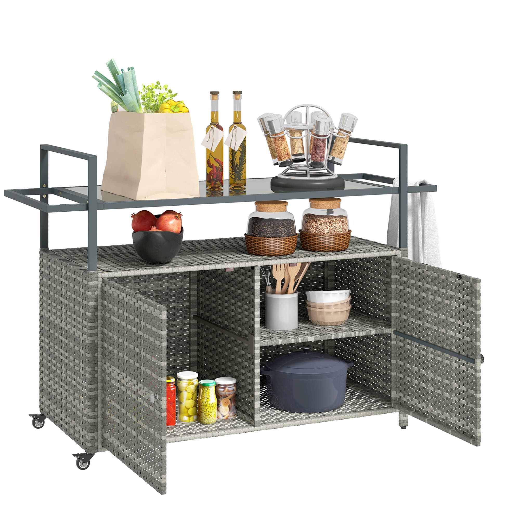 Outsunny - PE Rattan Outdoor Storage Cabinet, Wicker Outdoor Bar Table Kitchen Island with Wheels & 2-Tier Shelf - Mixed Gray