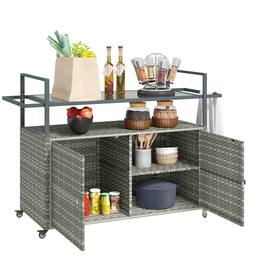 Outsunny - PE Rattan Outdoor Storage Cabinet, Wicker Outdoor Bar Table Kitchen Island with Wheels & 2-Tier Shelf - Mixed Gray