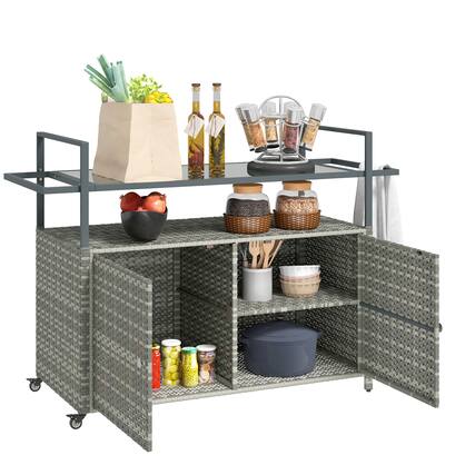 Front. Outsunny - PE Rattan Outdoor Storage Cabinet, Wicker Outdoor Bar Table Kitchen Island with Wheels & 2-Tier Shelf - Mixed Gray.