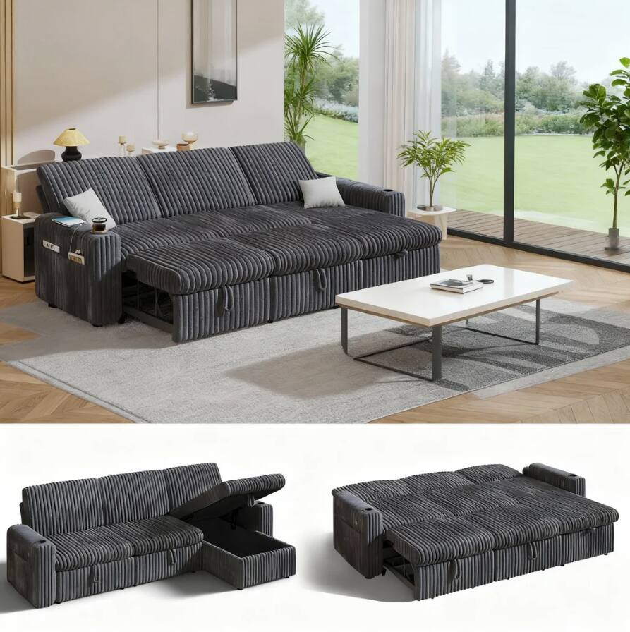 Dyonery - 101" Sectional Sleeper Sofa Bed with Pull Out Bed, L Shaped Couch Sleeper Sofa with Reclining Backrest - Gray