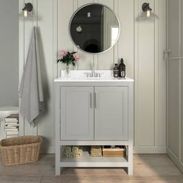 Vesta Bathroom Vanity, Single Sink Cabinet with 2 Soft Close Doors and Open Shelf, Carrara Marble Finish Countertop