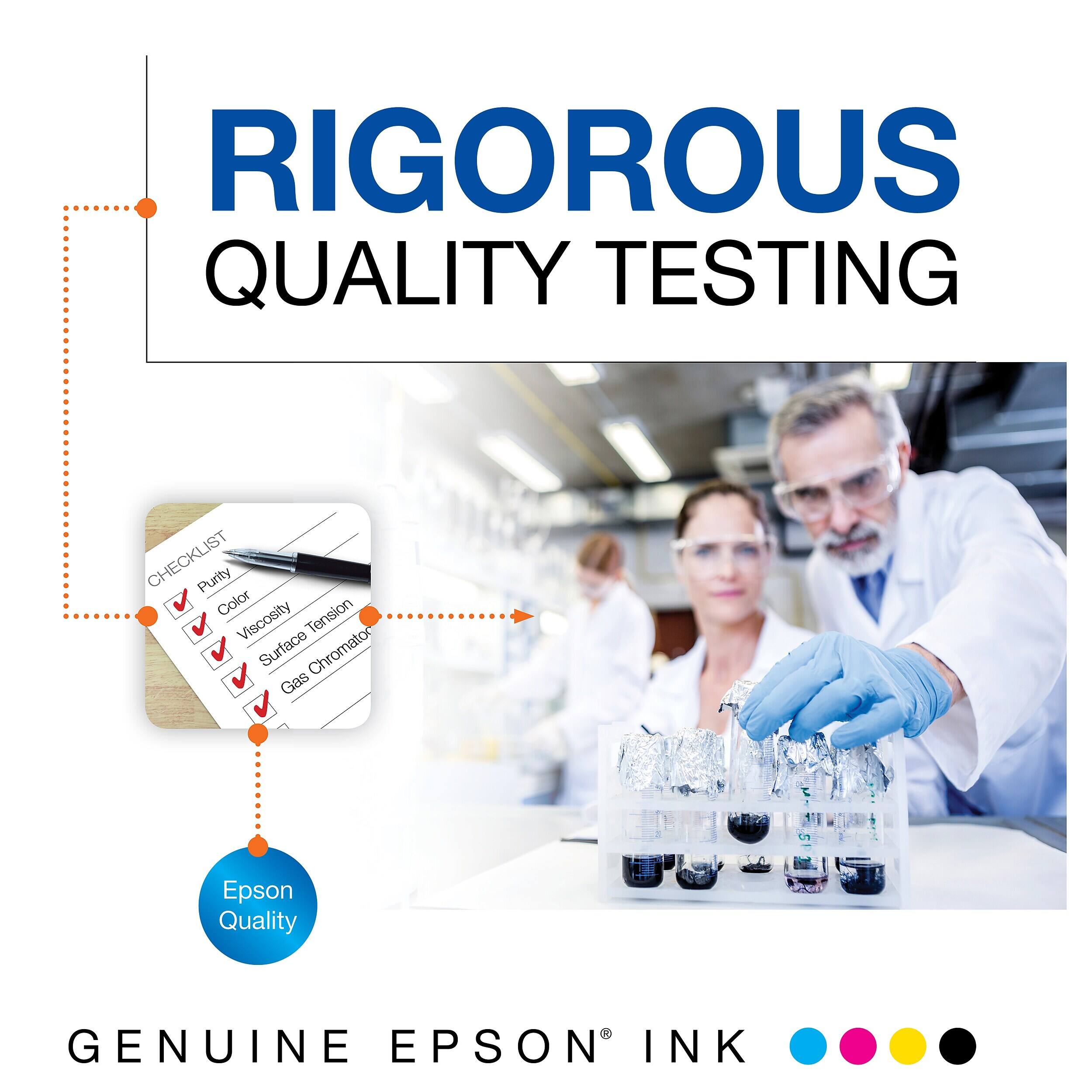 RIGOROUS QUALITY TESTING CHECKLIST

- Purity
- Color
- Viscosity
- Tension
- Surface
- Chromator
- Gas

Epson Quality

GENUINE EPSON INK