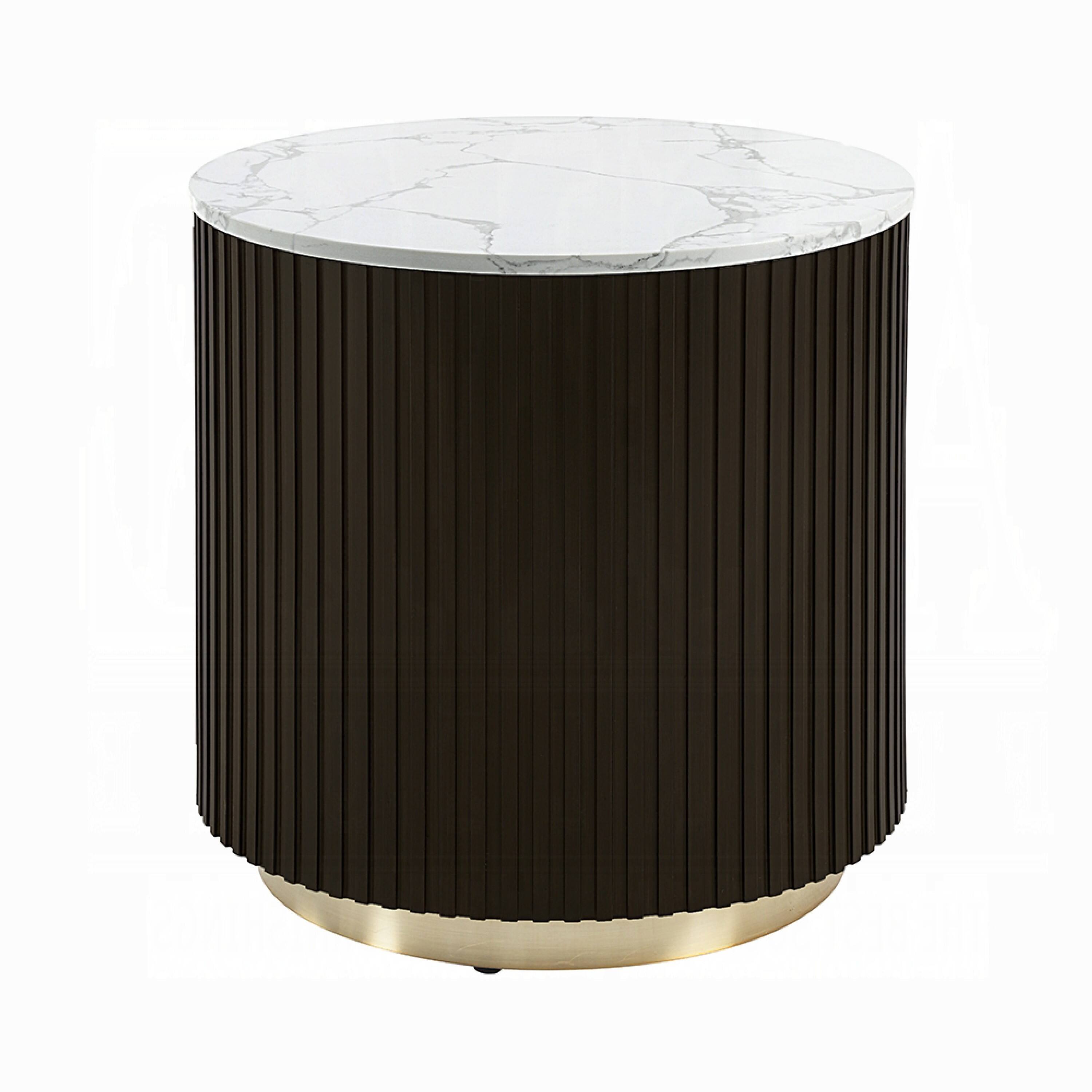 Alt View 1. Manhattan Lane - Jeh Side End Table, Faux Marble Top, Metal Trim, Fluted Brown Wood 20 Inch - White, Espresso Brown, Gold.