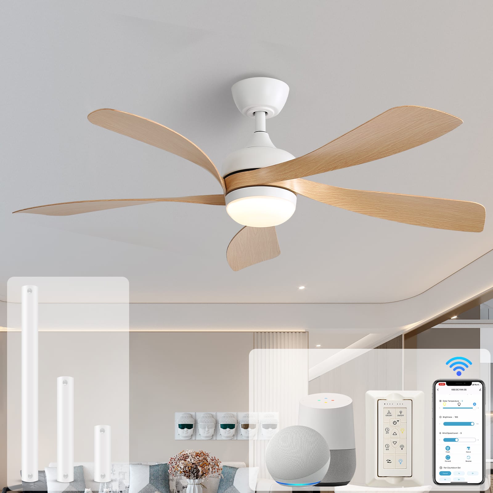 Front. Sofucor - Sofucor 52" Smart Ceiling Fan Outdoor Ceiling Fans with Lights and Remote Works with Alexa/Google/App for Bedroom Patio - White Light Brown.