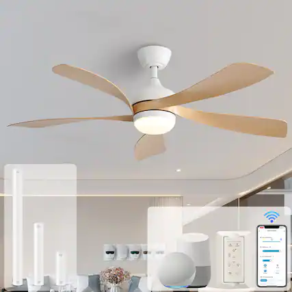 Front. Sofucor - Sofucor 52" Smart Ceiling Fan Outdoor Ceiling Fans with Lights and Remote Works with Alexa/Google/App for Bedroom Patio - White Light Brown.