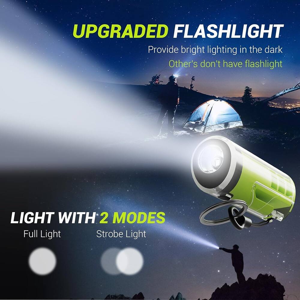 UPGRADED FLASHLIGHT  
Provide bright lighting in the dark  
Other's don't have flashlight  

LIGHT WITH 2 MODES  
Full Light  
Strobe Light