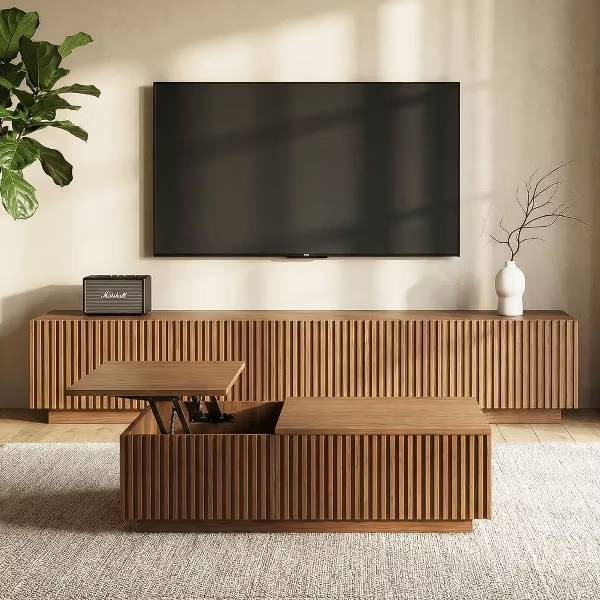 Alt View 6. luck idea - Modern Fluted TV Stand & Lift Top Coffee Table Set, 86.6" Entertainment Center with Storage & 51.1" Coffee Table with Hi - brown.