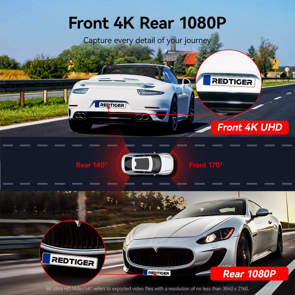 Front 4K Rear 1080P  
Capture every detail of your journey  

Front 4K UHD  
Rear 140°  
Front 170°  

Rear 1080P  

4K Ultra HD Video4K refers to exported video files with a resolution of no less than 3840 x 2160.