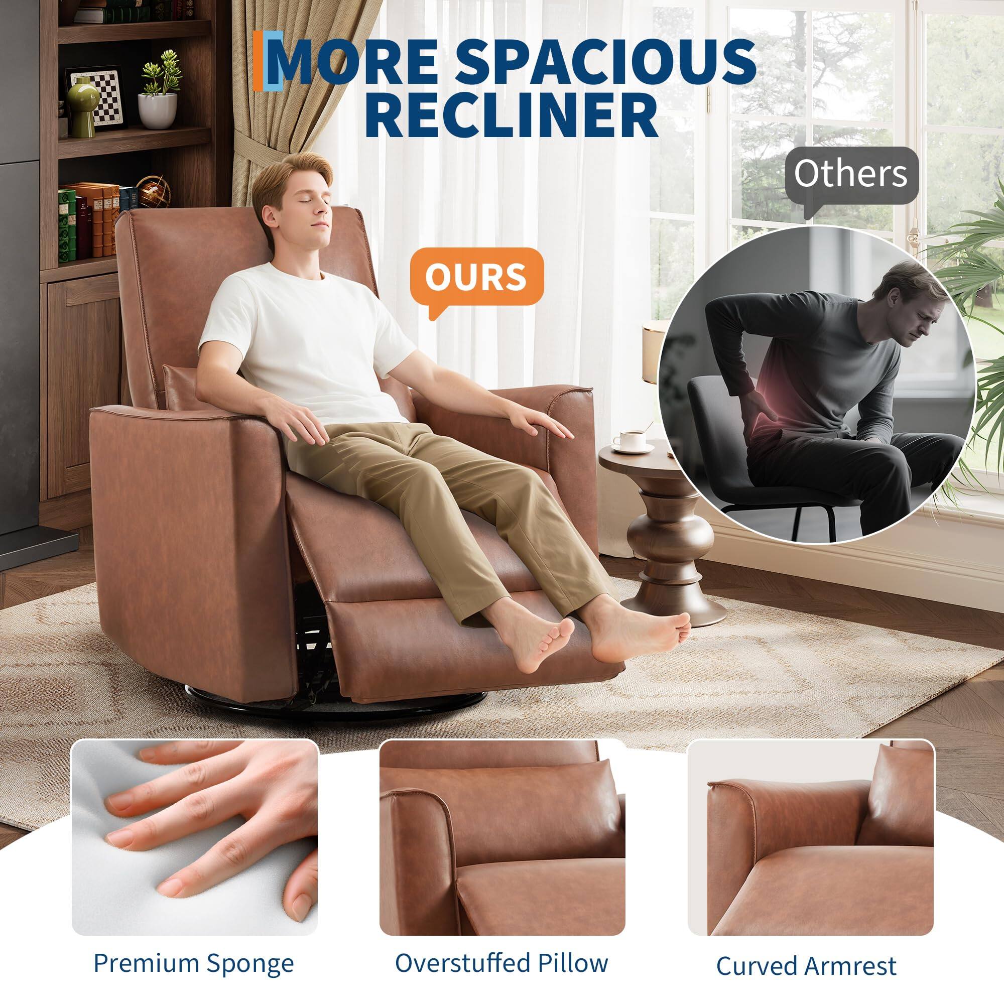 MORE SPACIOUS RECLINER

OURS

Premium Sponge
Overstuffed Pillow
Curved Armrest

Others
