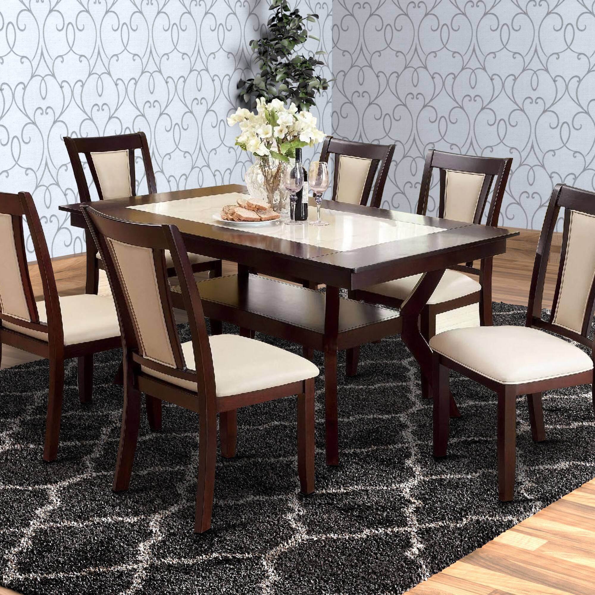 Alt View 5. Manhattan Lane - Rectangular Wooden Dining Table with Angled Wooden Legs - Brown, Cream.