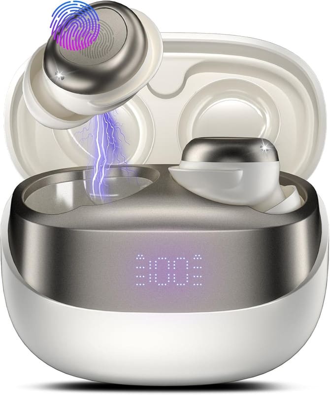 RISOKEYS - Mini Bluetooth Earbuds, 40H Battery, Noise Cancelling & Battery Display for Sports/Sleeping, Students - White